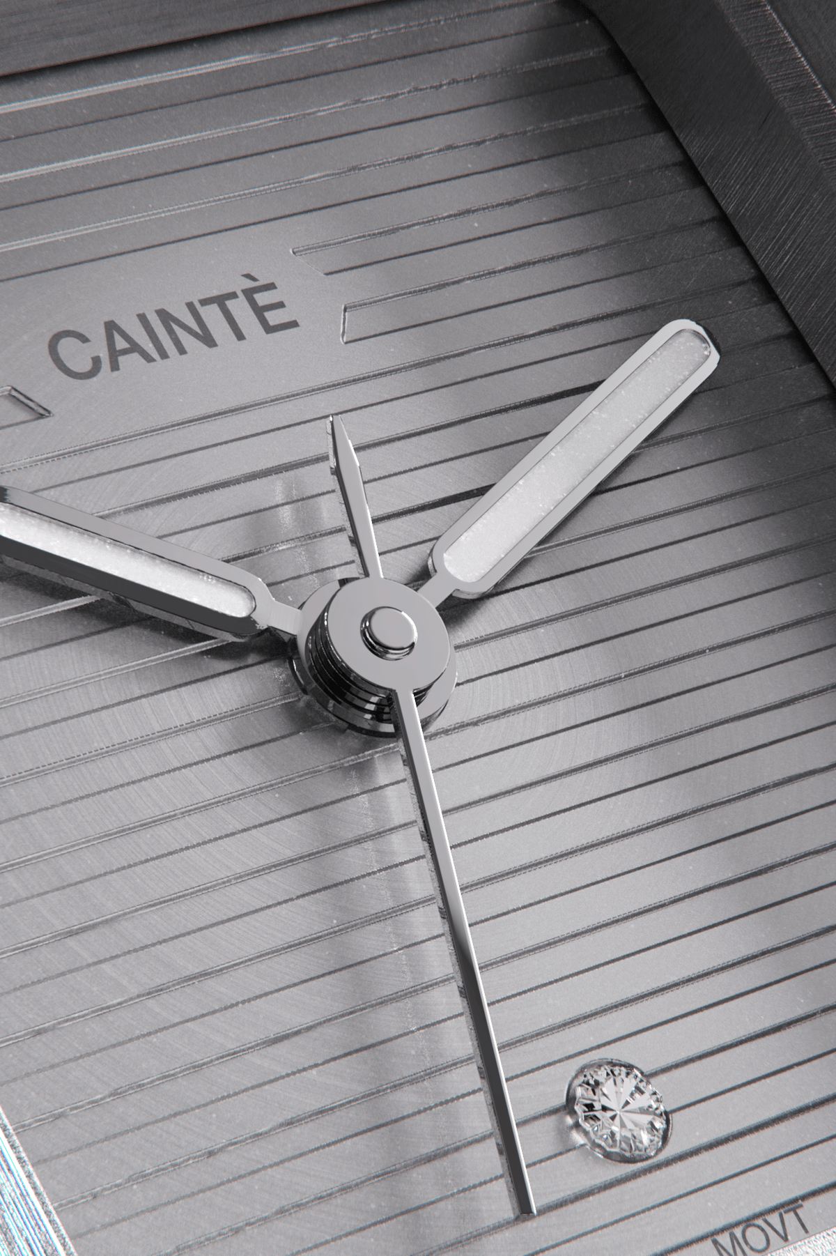 Close-up of the gray ridged dial with its single clear stone