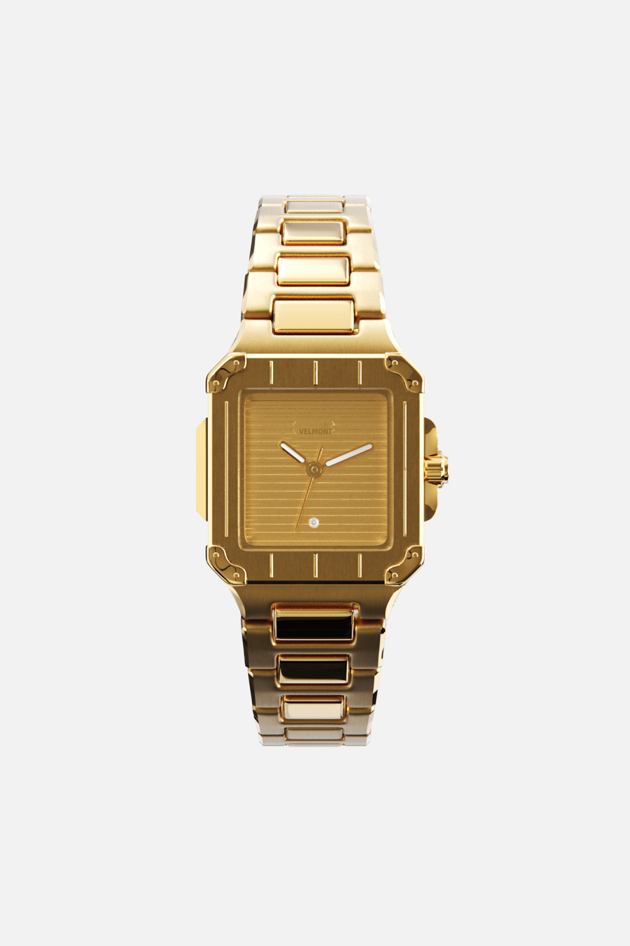 Front view of the gold-tone square watch with matching gold dial