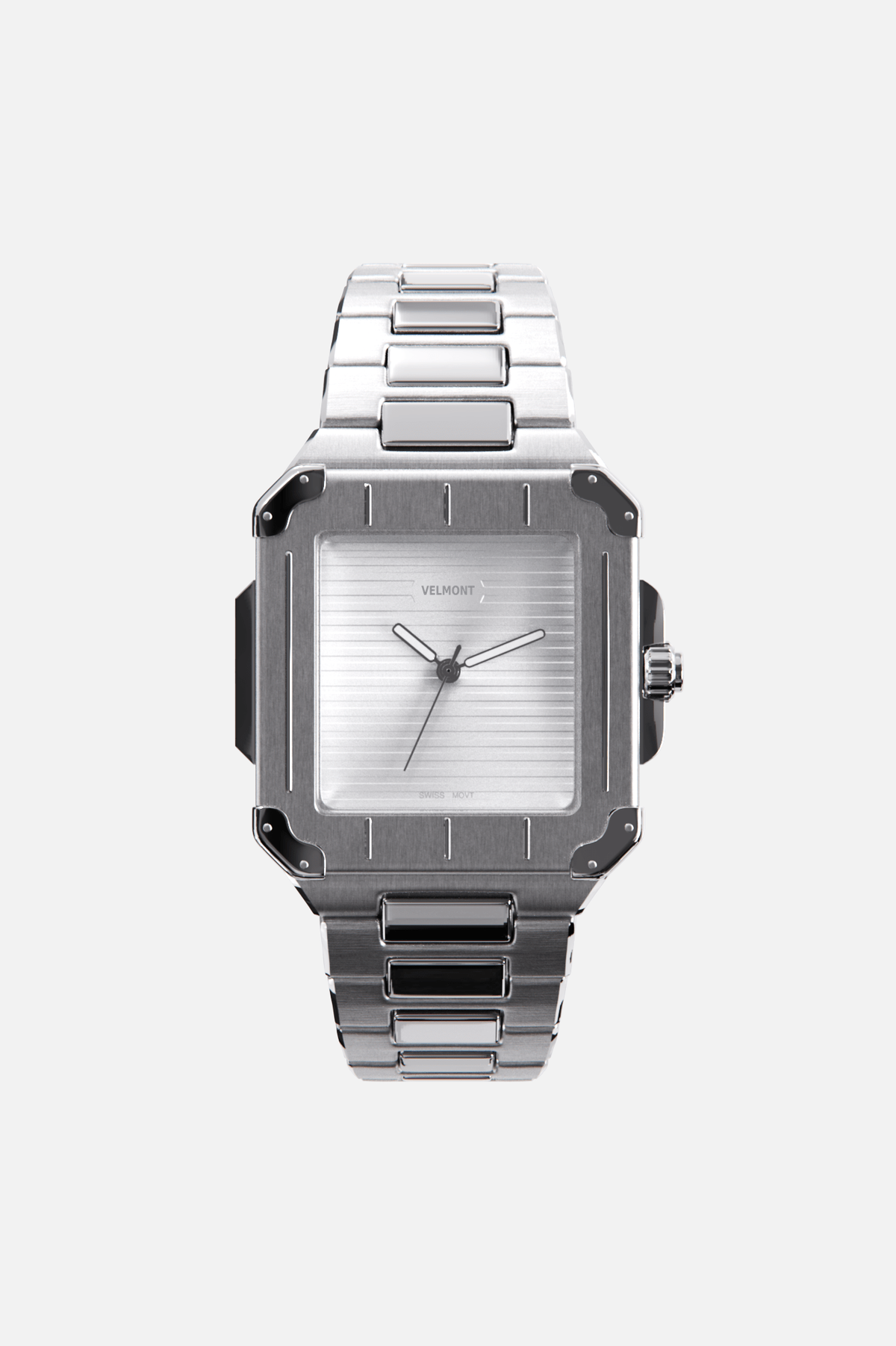 Front view of the square watch with silver dial on its integrated bracelet