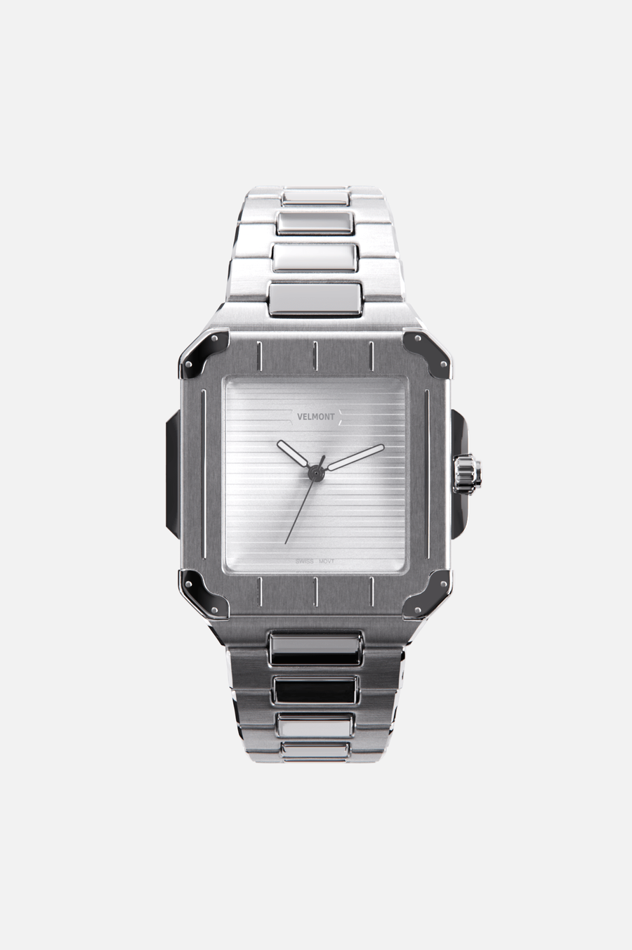 Front view of the square watch with silver dial on its integrated bracelet
