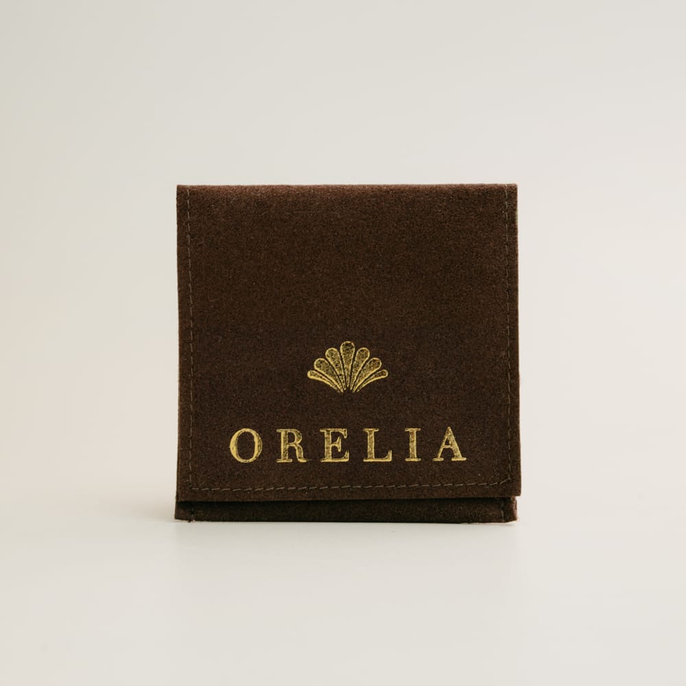 Brown jewelry pouch with a printed logo