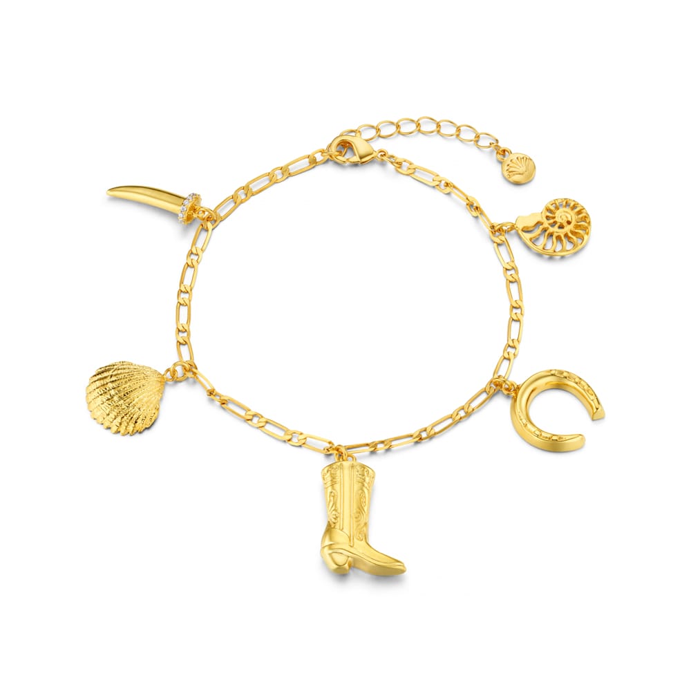 Gold-tone charm bracelet with boot, horseshoe and shell charms