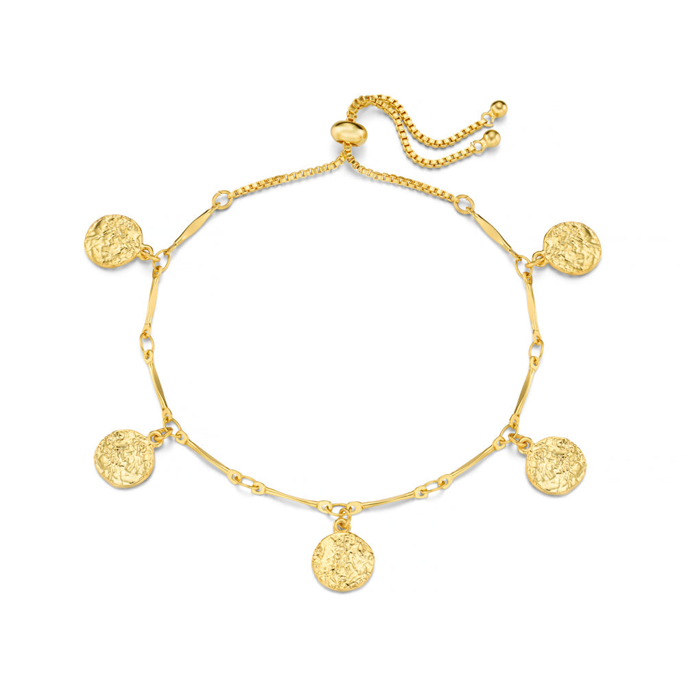Gold-tone charm bracelet with five coin charms