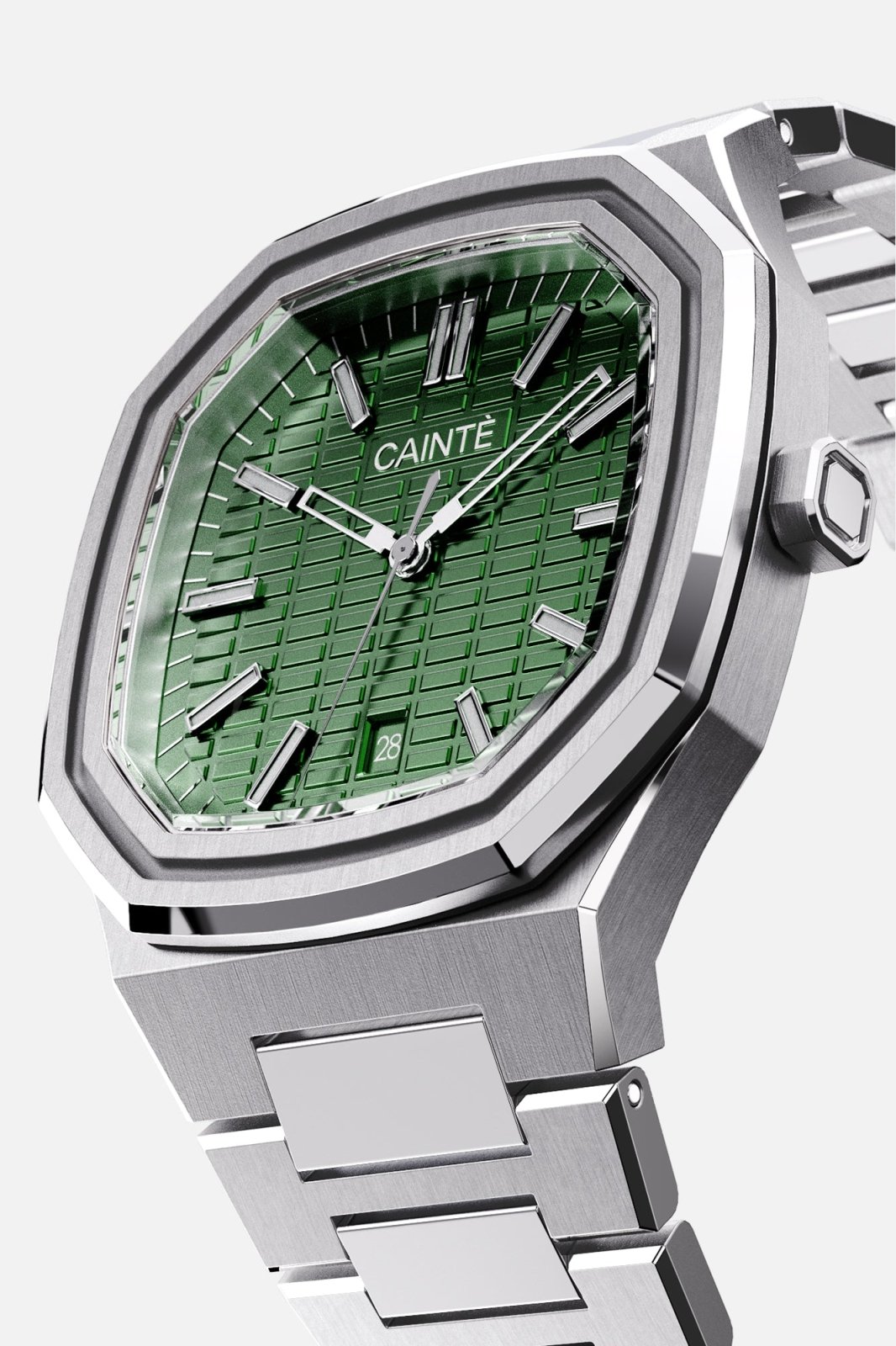Three-quarter view of the octagonal case and olive green textured dial