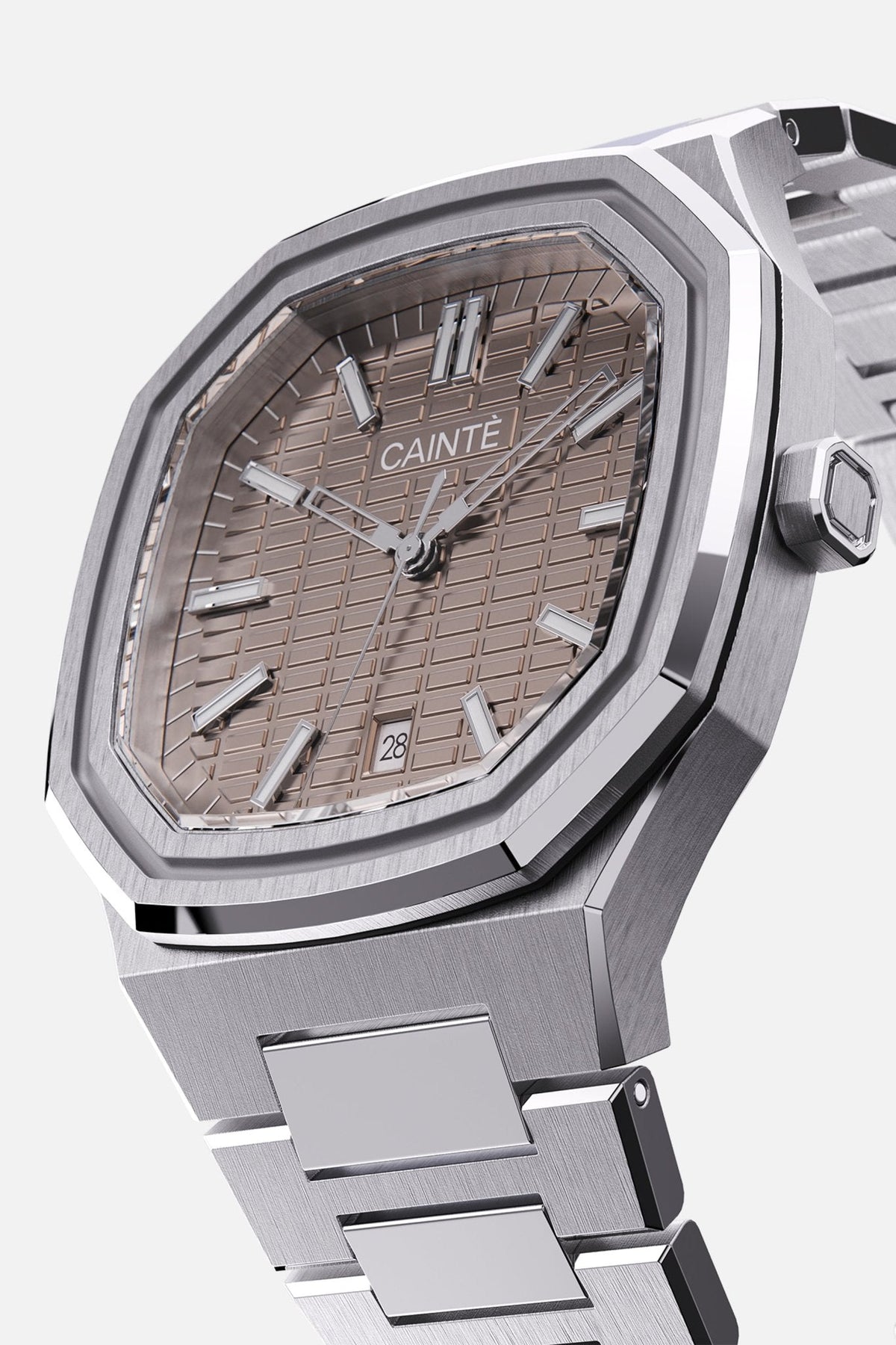Three-quarter view of the octagonal case and mocha textured dial