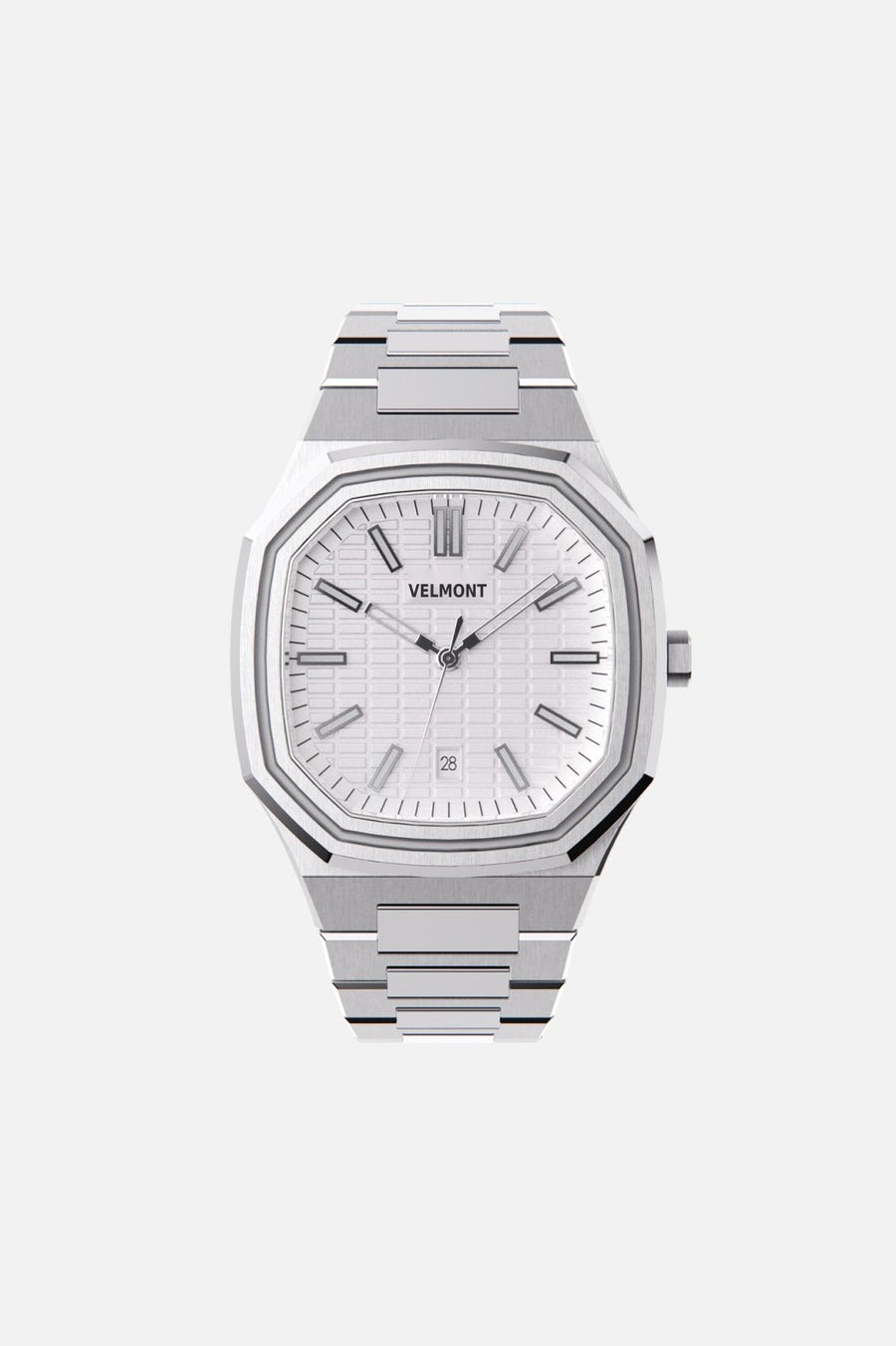 Front view of the octagonal watch with white textured dial on its integrated bracelet