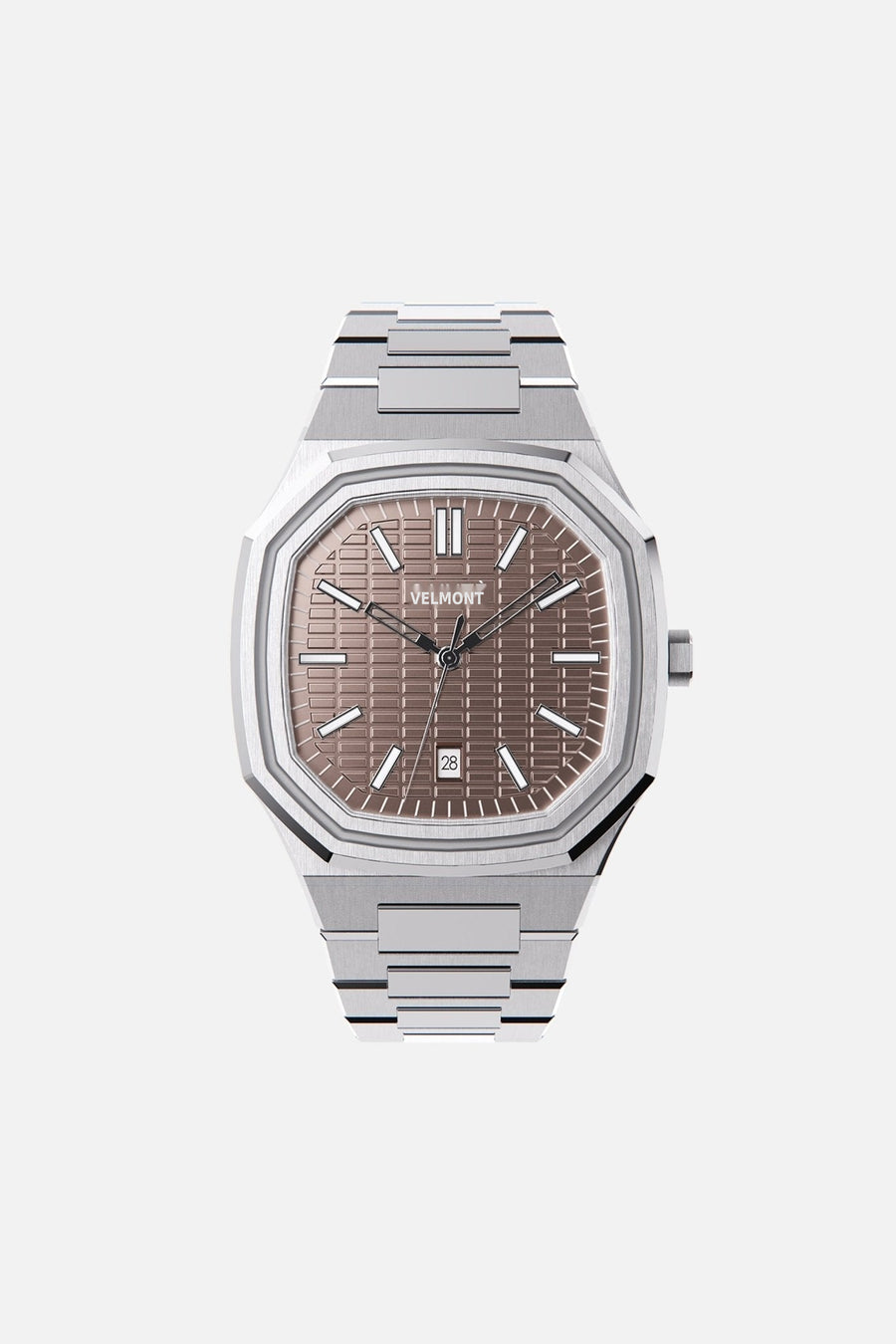 Front view of the octagonal watch with mocha textured dial on its integrated bracelet