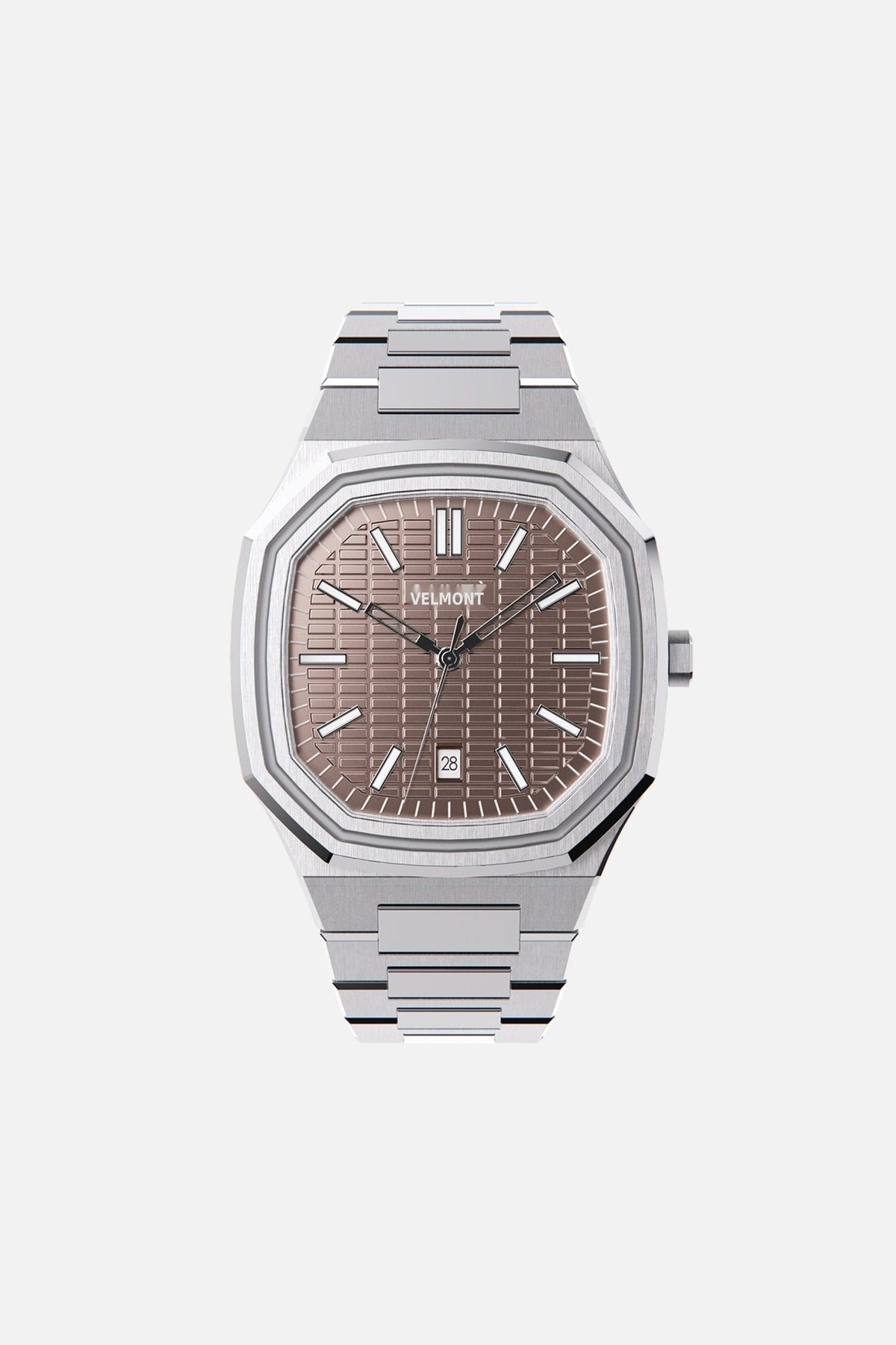 Front view of the octagonal watch with mocha textured dial on its integrated bracelet