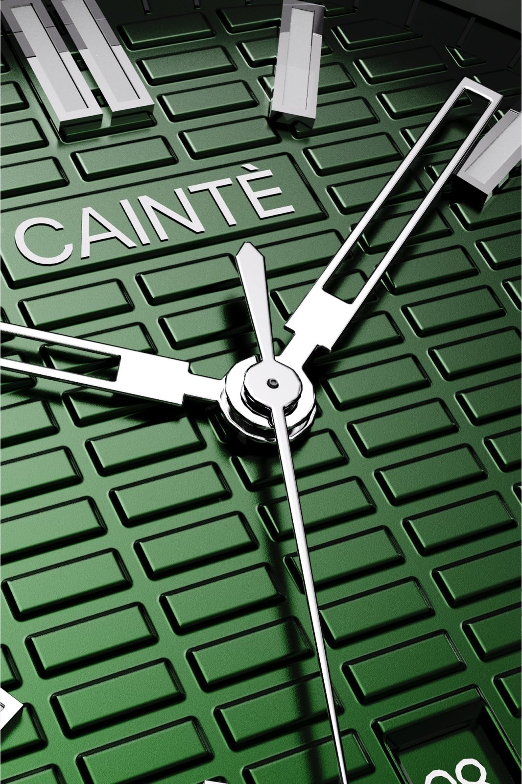 Macro view of the olive green textured dial and polished hands