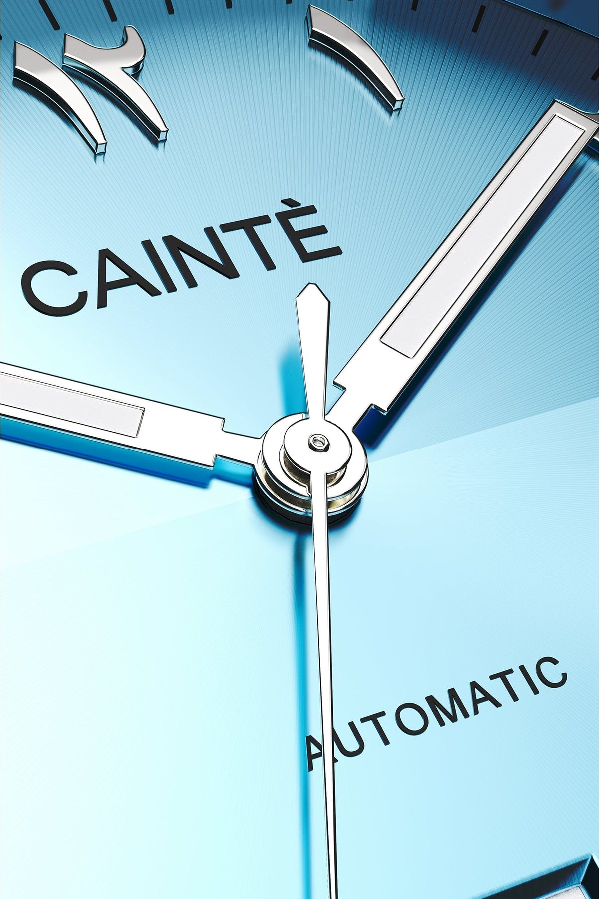 Macro view of the turquoise Arabic numeral dial and polished hands