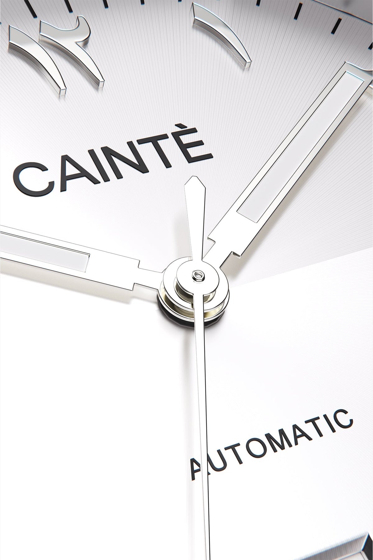 Macro view of the white Arabic numeral dial and polished hands