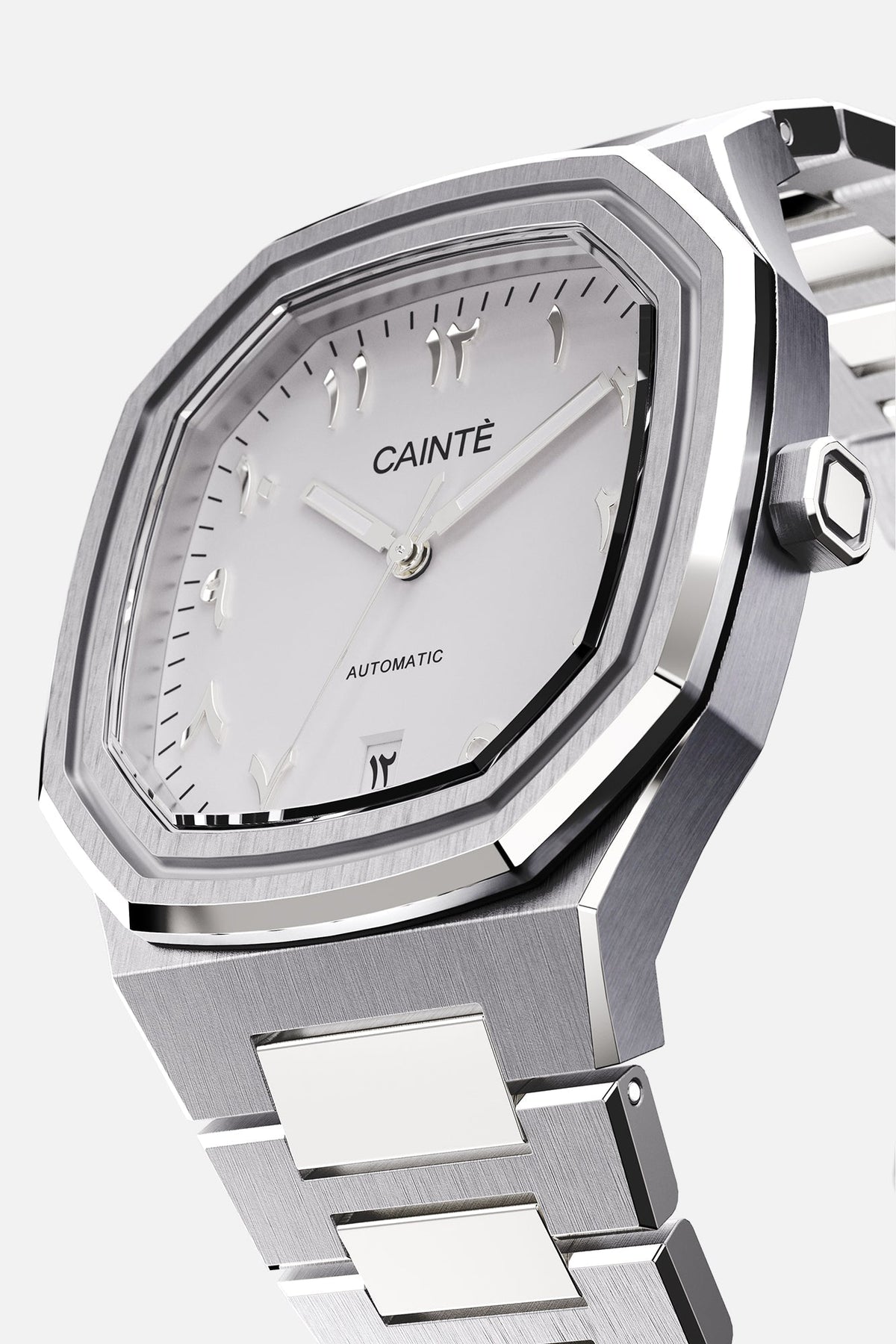 Three-quarter view of the octagonal case and white Arabic numeral dial