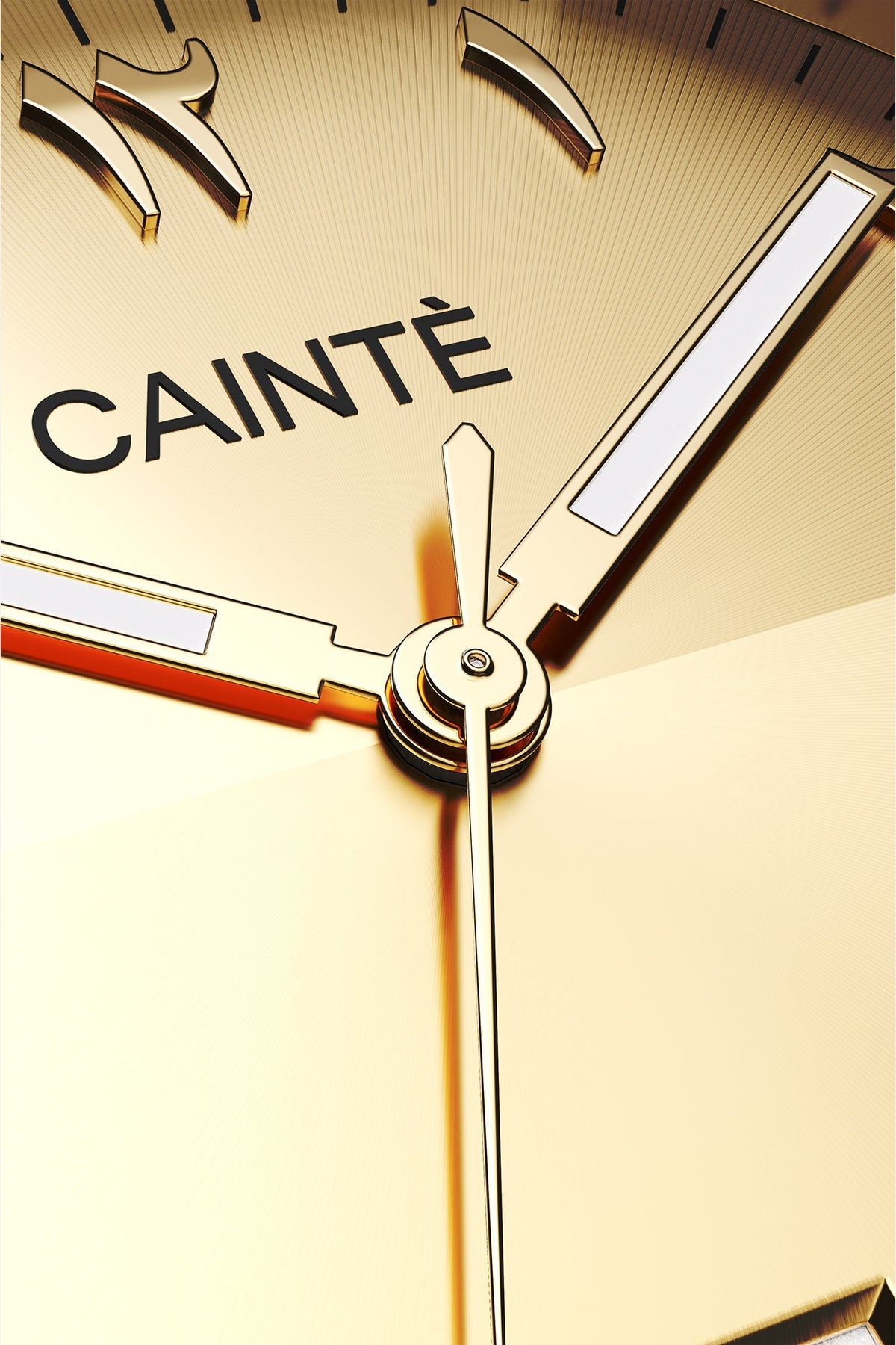 Macro view of the gold-tone Arabic numeral dial and polished hands