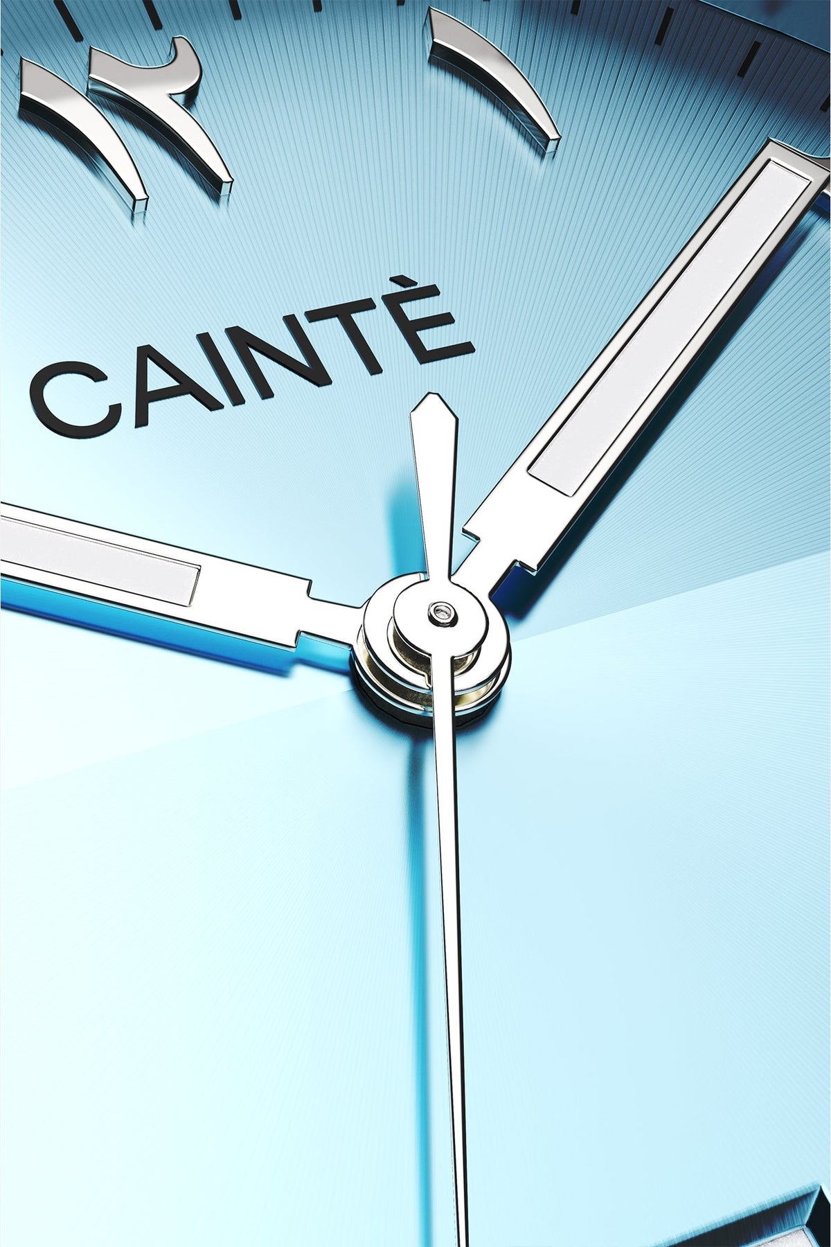 Macro view of the turquoise Arabic numeral dial and polished hands
