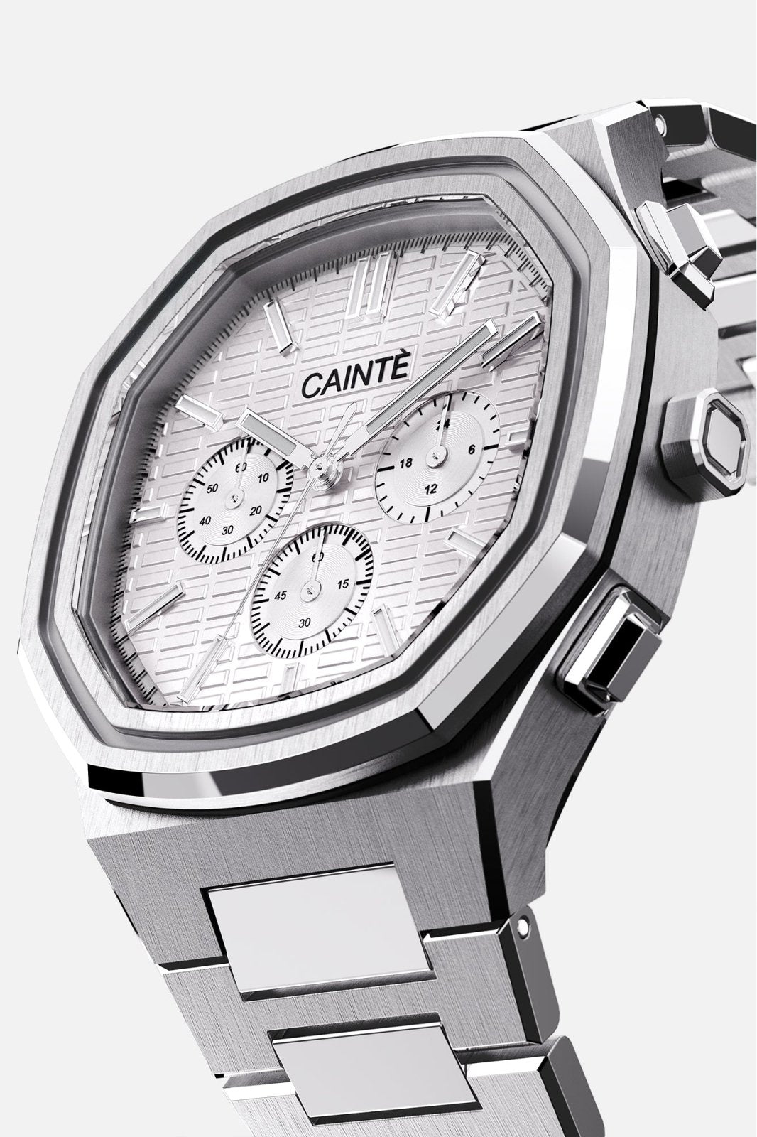 Three-quarter view of the octagonal case and all-white chronograph dial