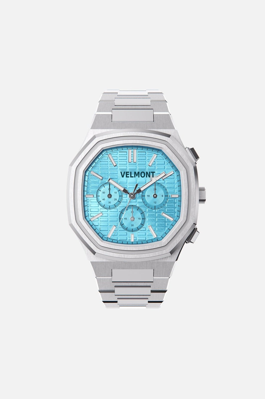 Front view of the octagonal watch with turquoise chronograph dial on its integrated bracelet