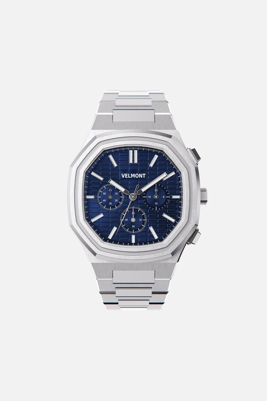 Front view of the octagonal watch with tonal blue chronograph dial on its integrated bracelet
