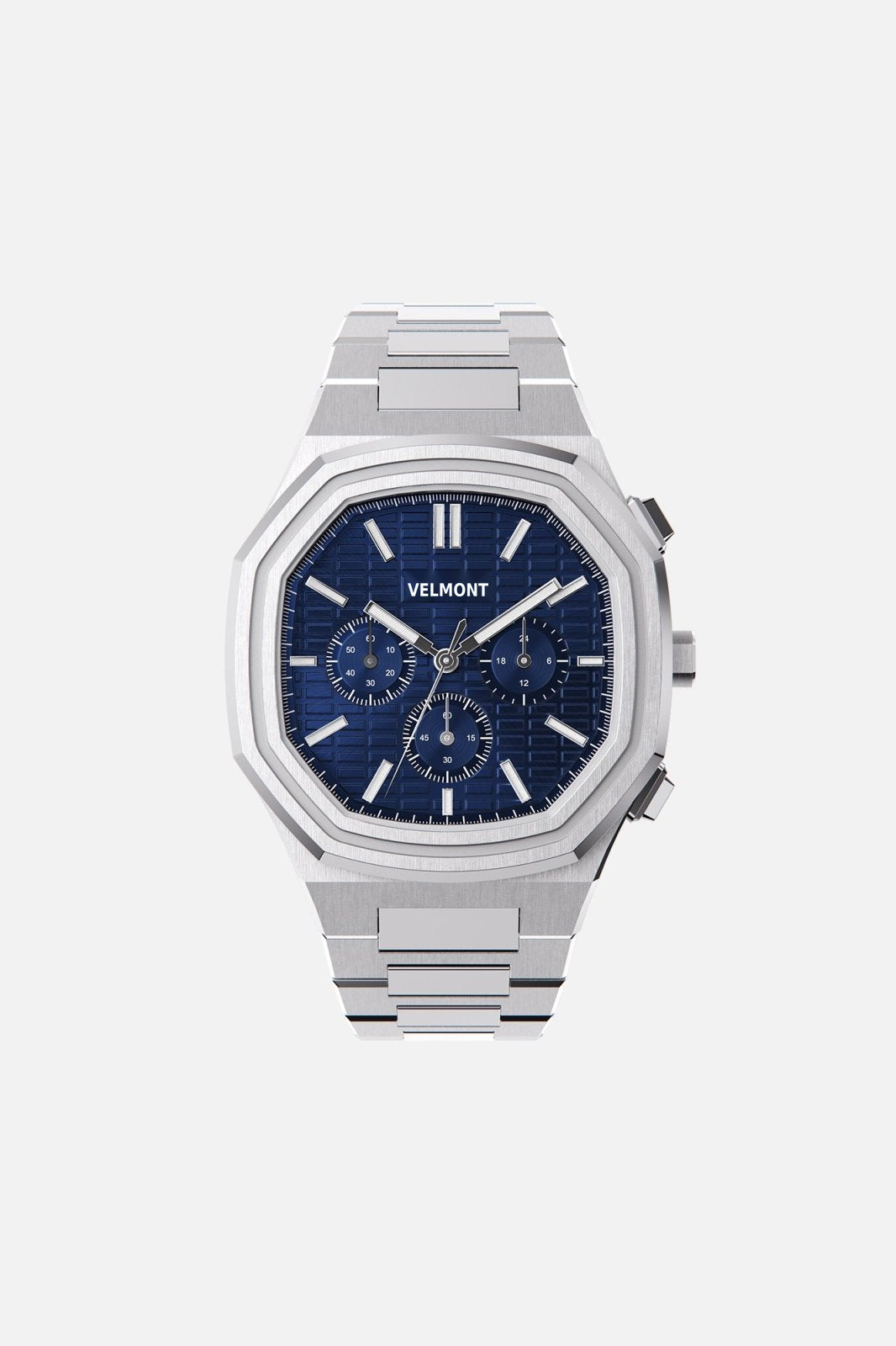 Front view of the octagonal watch with tonal blue chronograph dial on its integrated bracelet