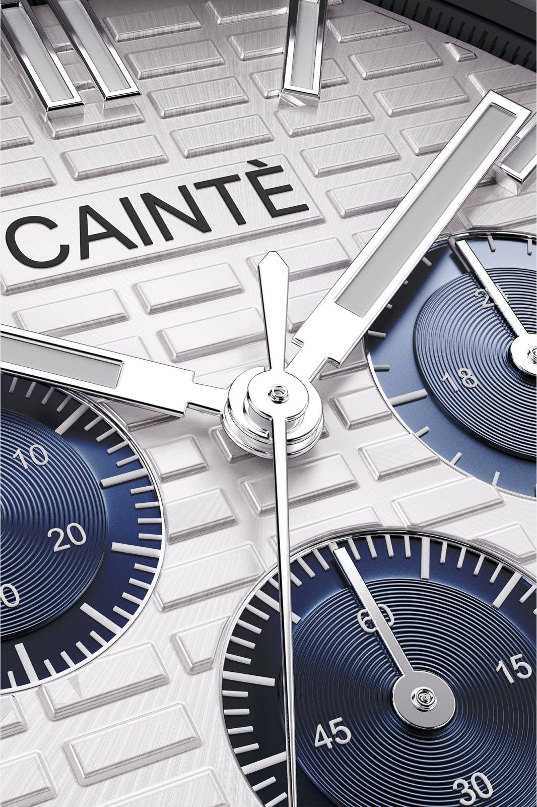 Macro view of the white chronograph dial and polished hands