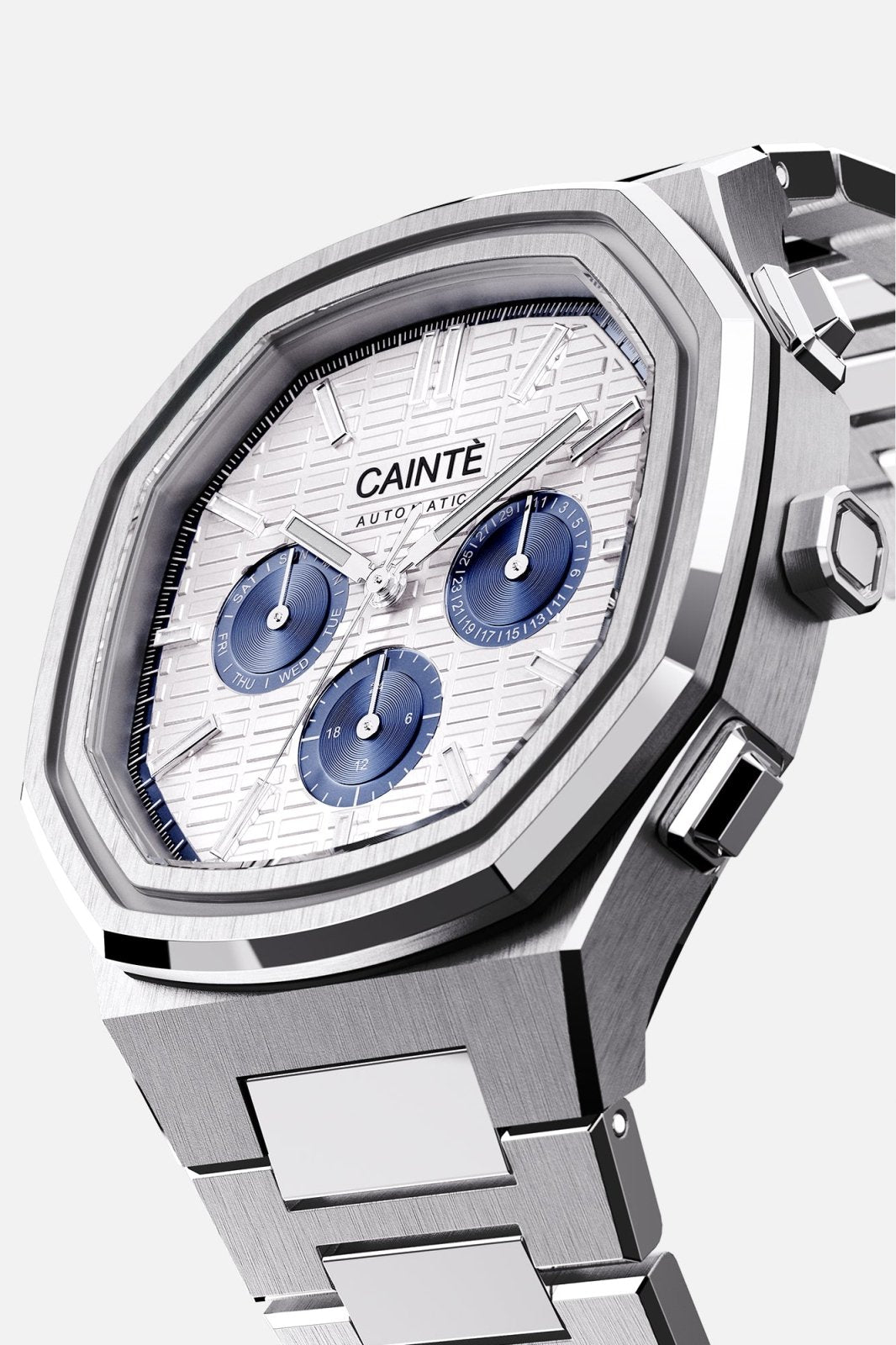 Three-quarter view of the octagonal case and white day-date dial