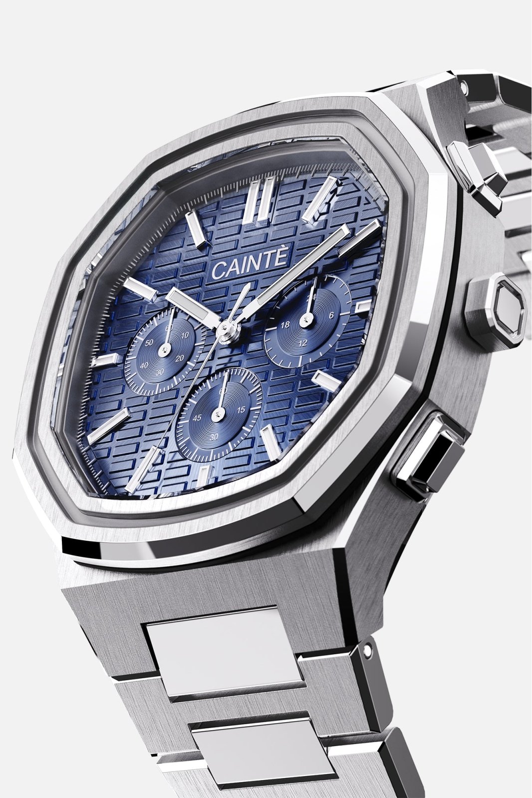 Three-quarter view of the octagonal case and tonal blue chronograph dial