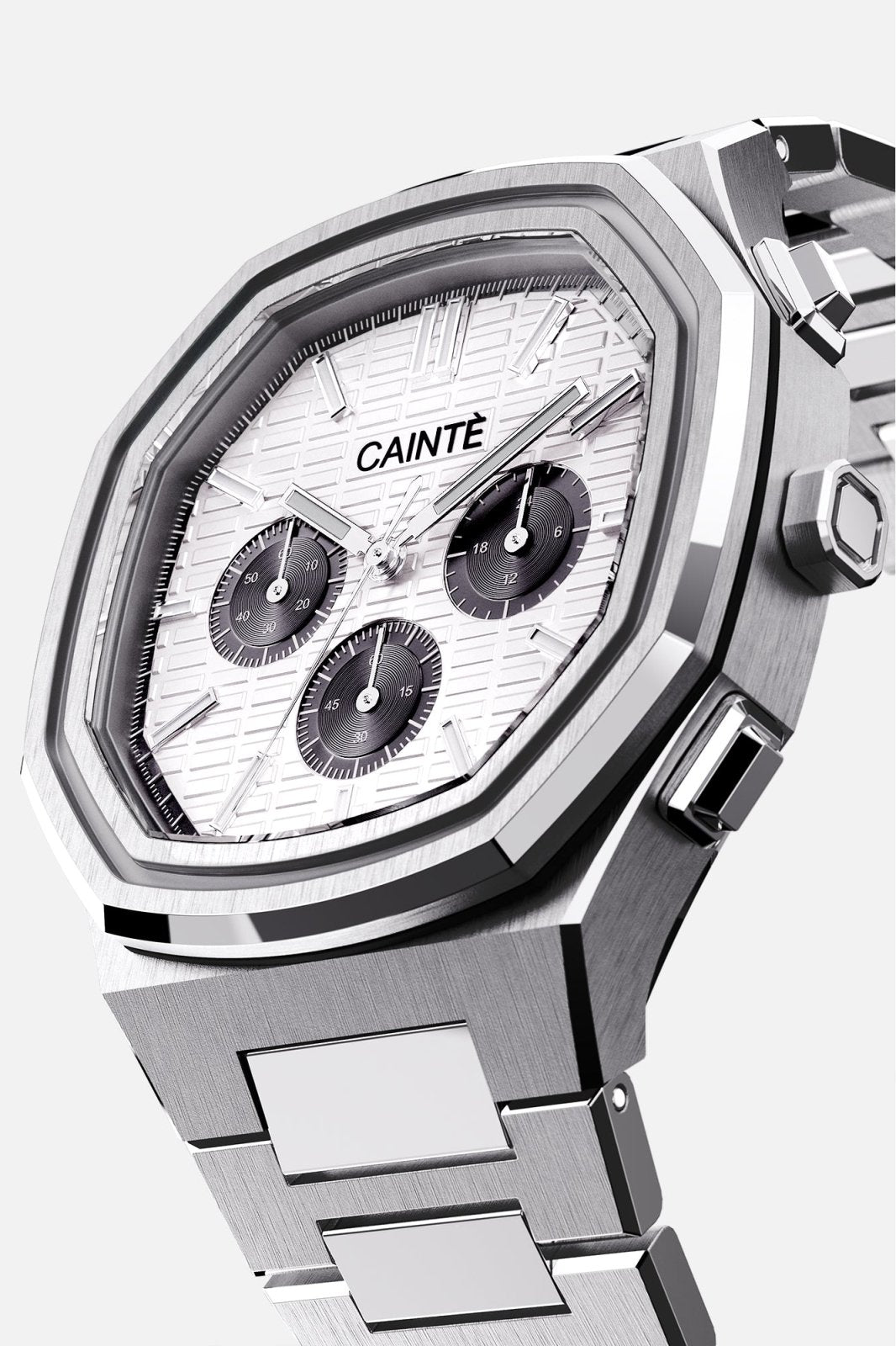 Three-quarter view of the octagonal case and white chronograph dial