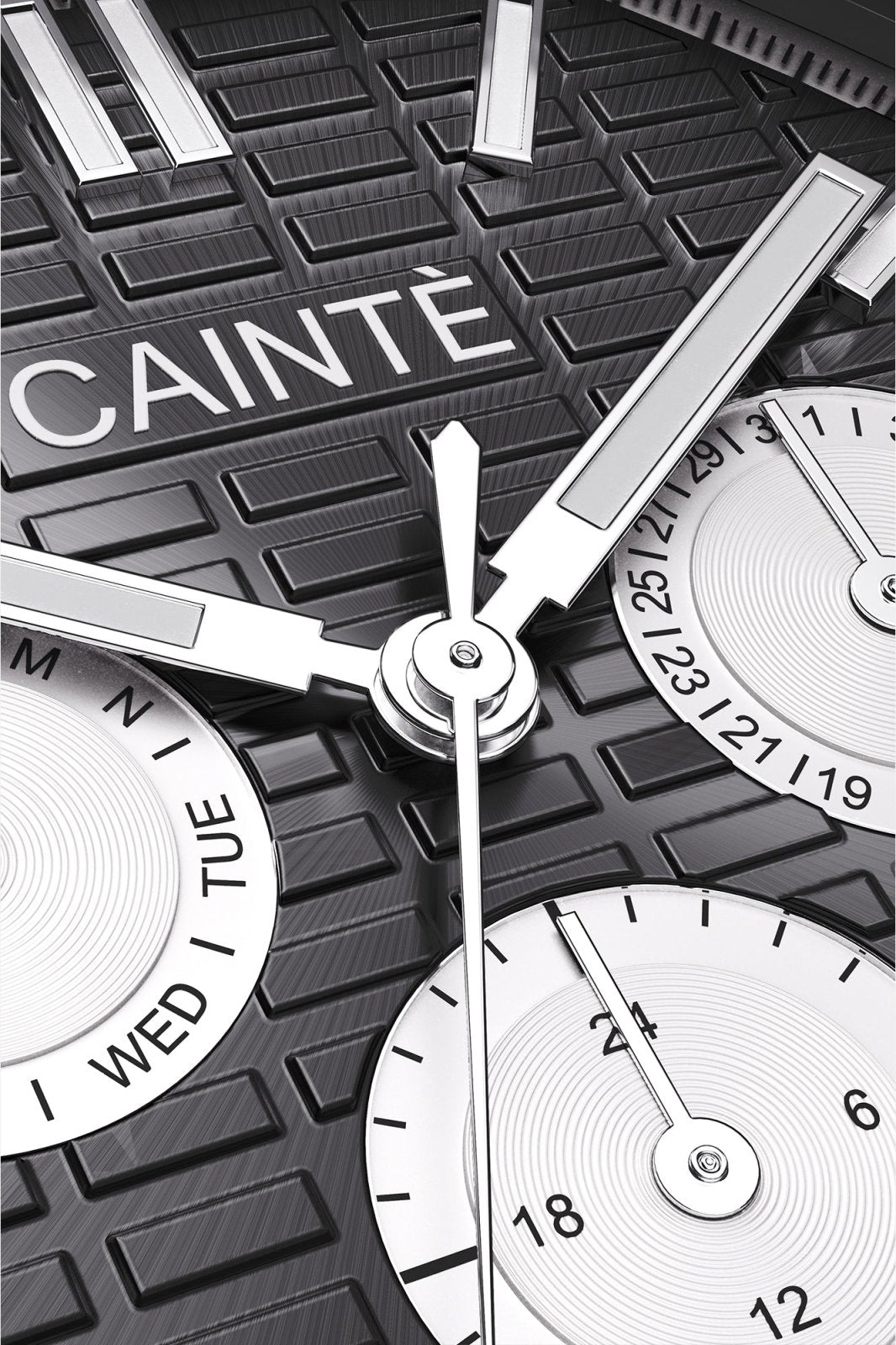 Macro view of the black day-date dial and polished hands