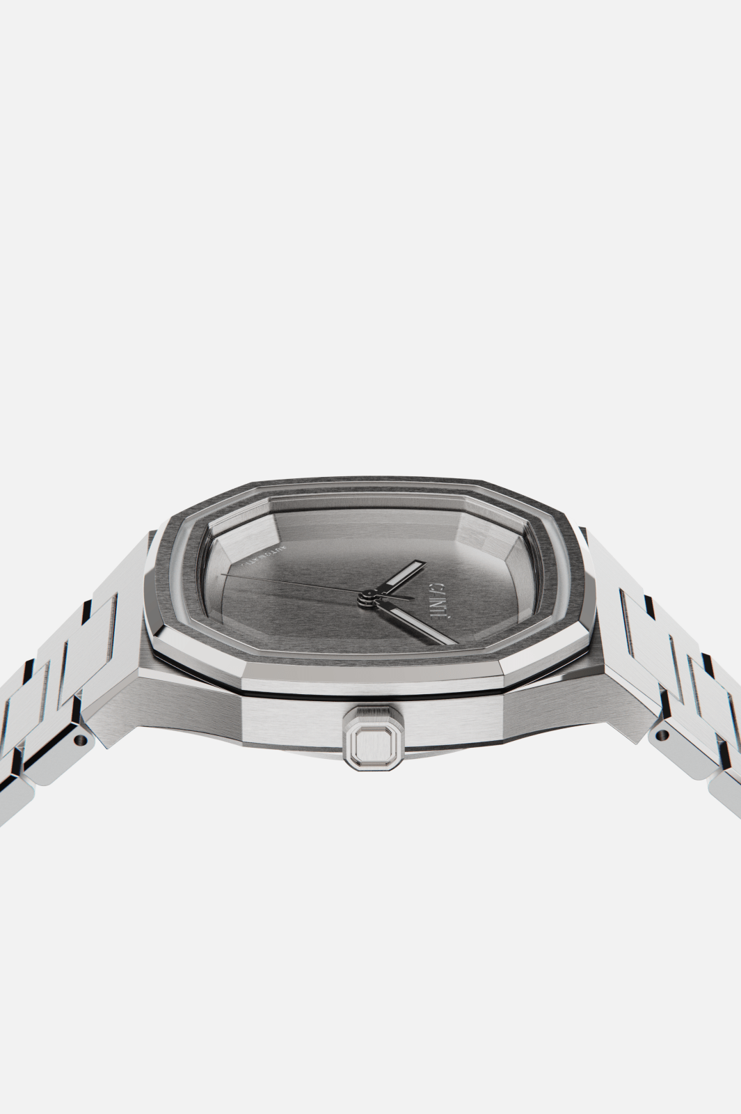 Low front view of the case with the octagonal crown