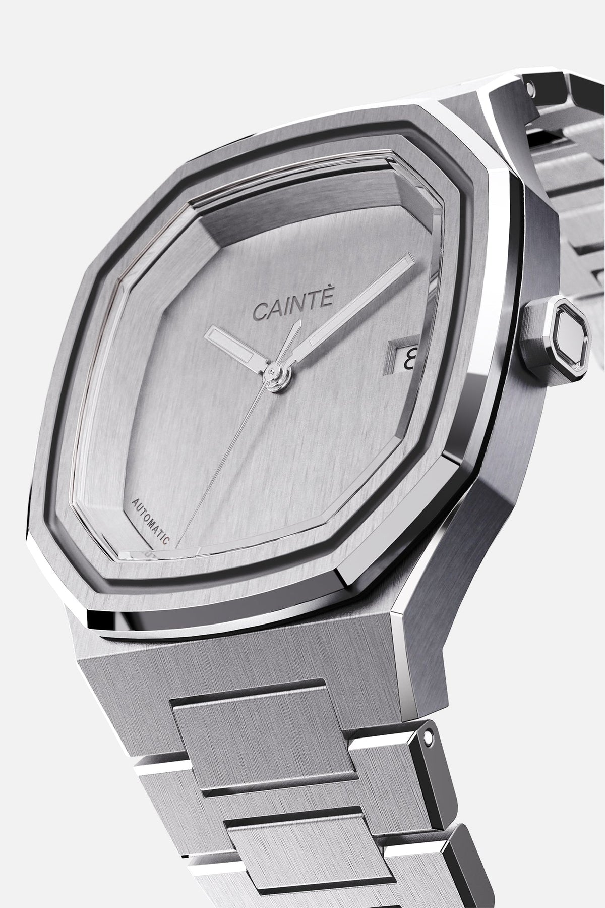 Three-quarter view of the octagonal case and monochrome silver dial