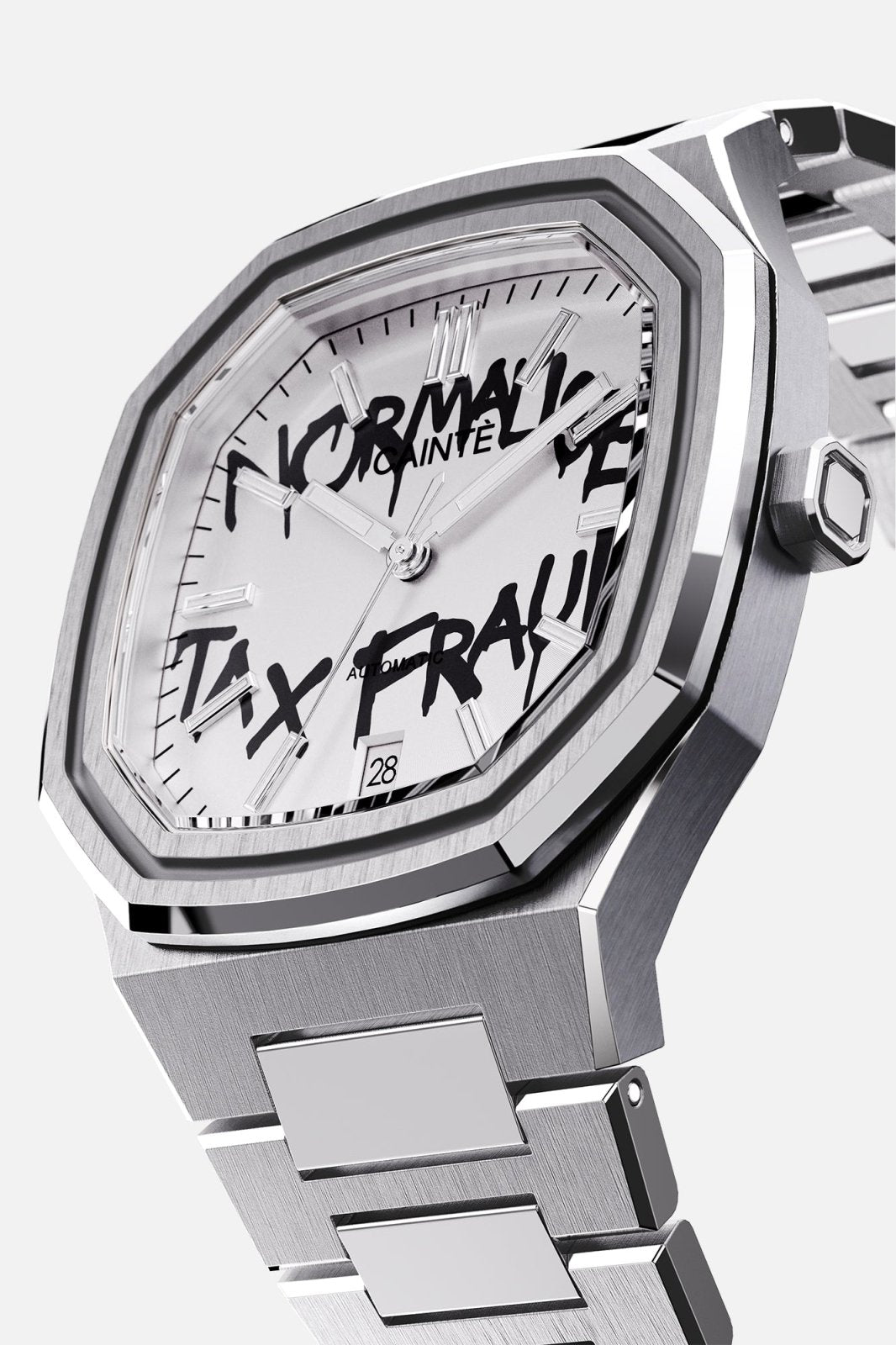 Three-quarter view of the octagonal case and white dial with black graffiti lettering