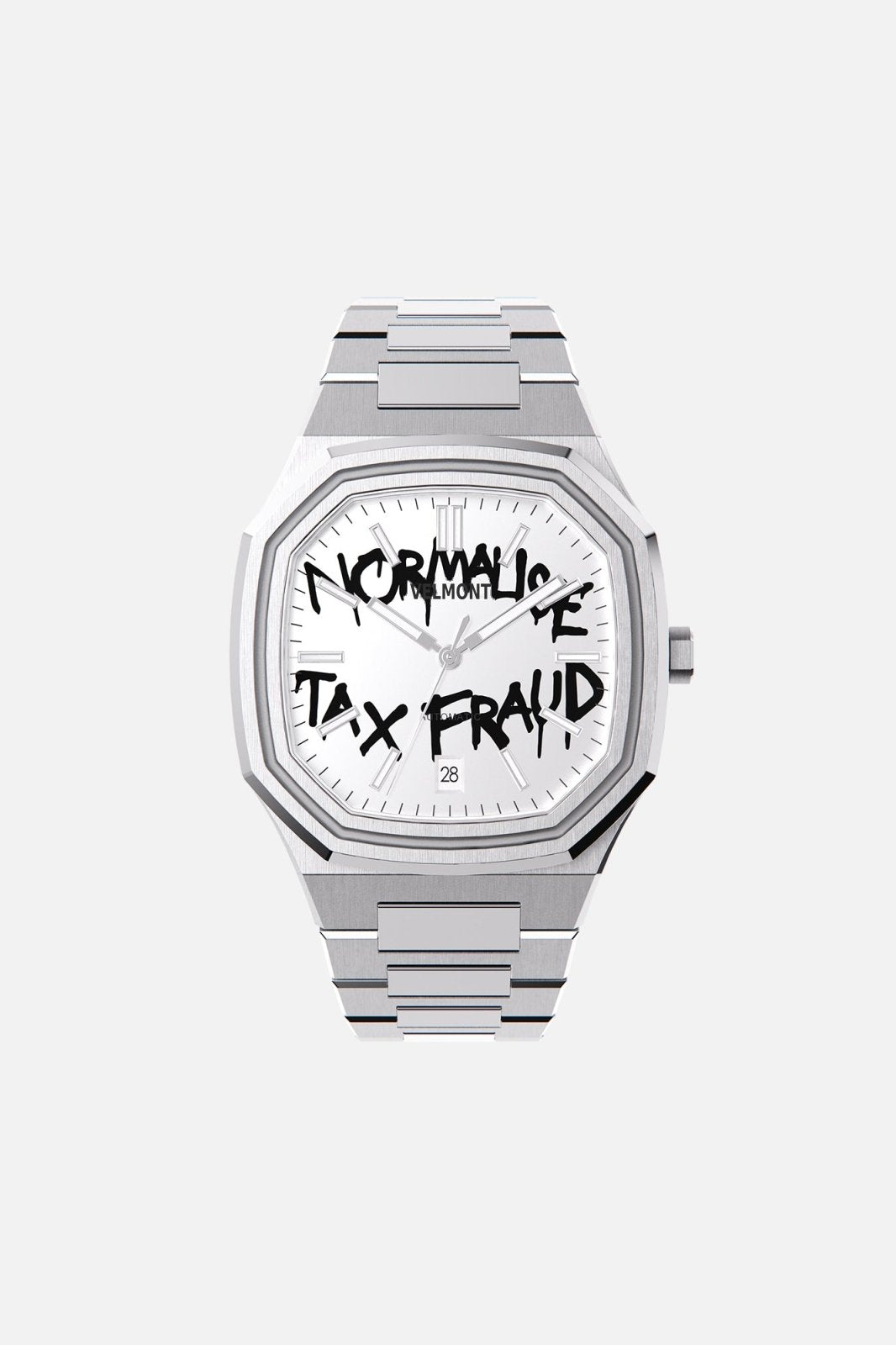 Front view of the octagonal watch with white dial with black graffiti lettering on its integrated bracelet