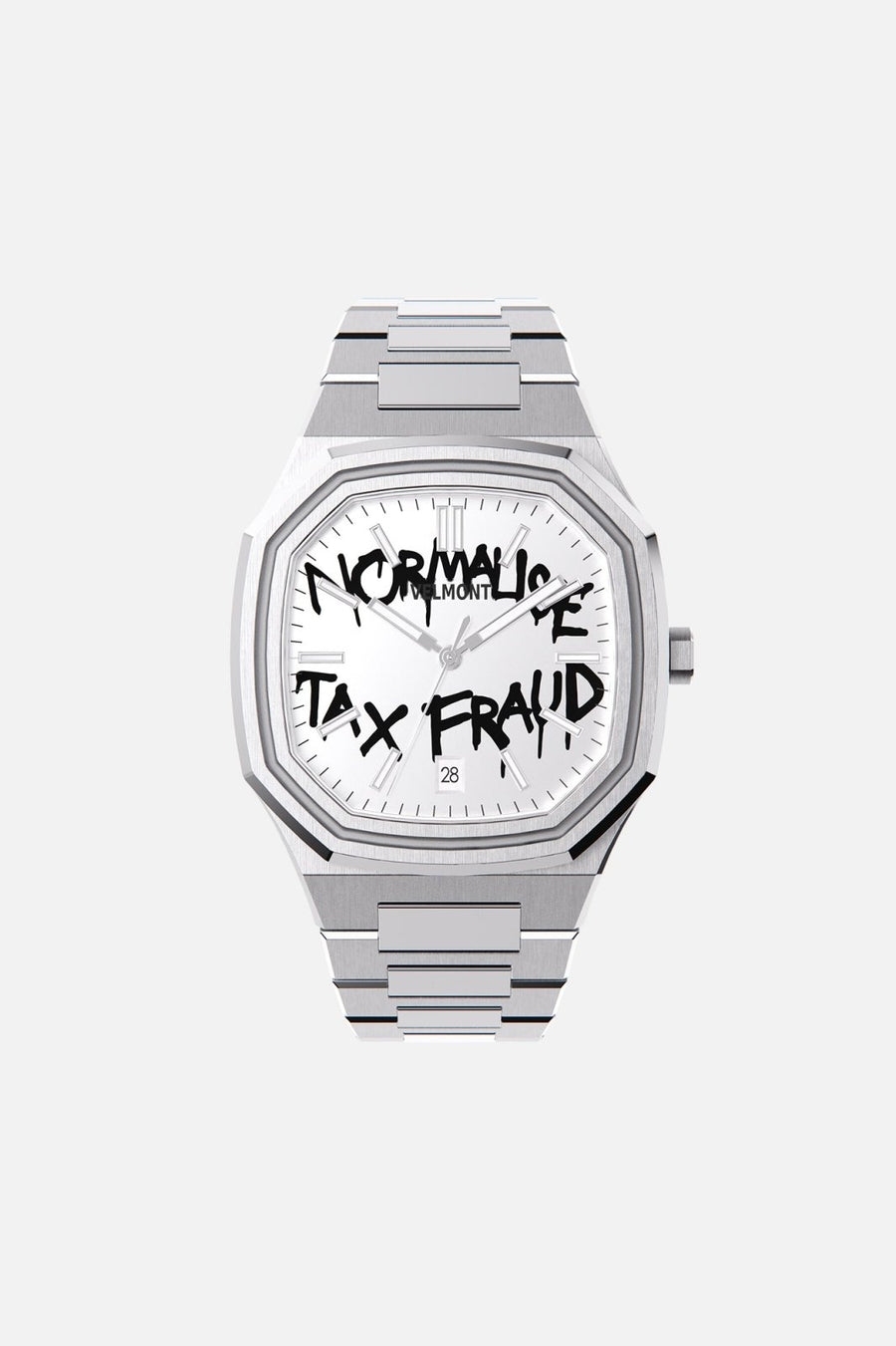 Front view of the octagonal watch with white dial with black graffiti lettering on its integrated bracelet