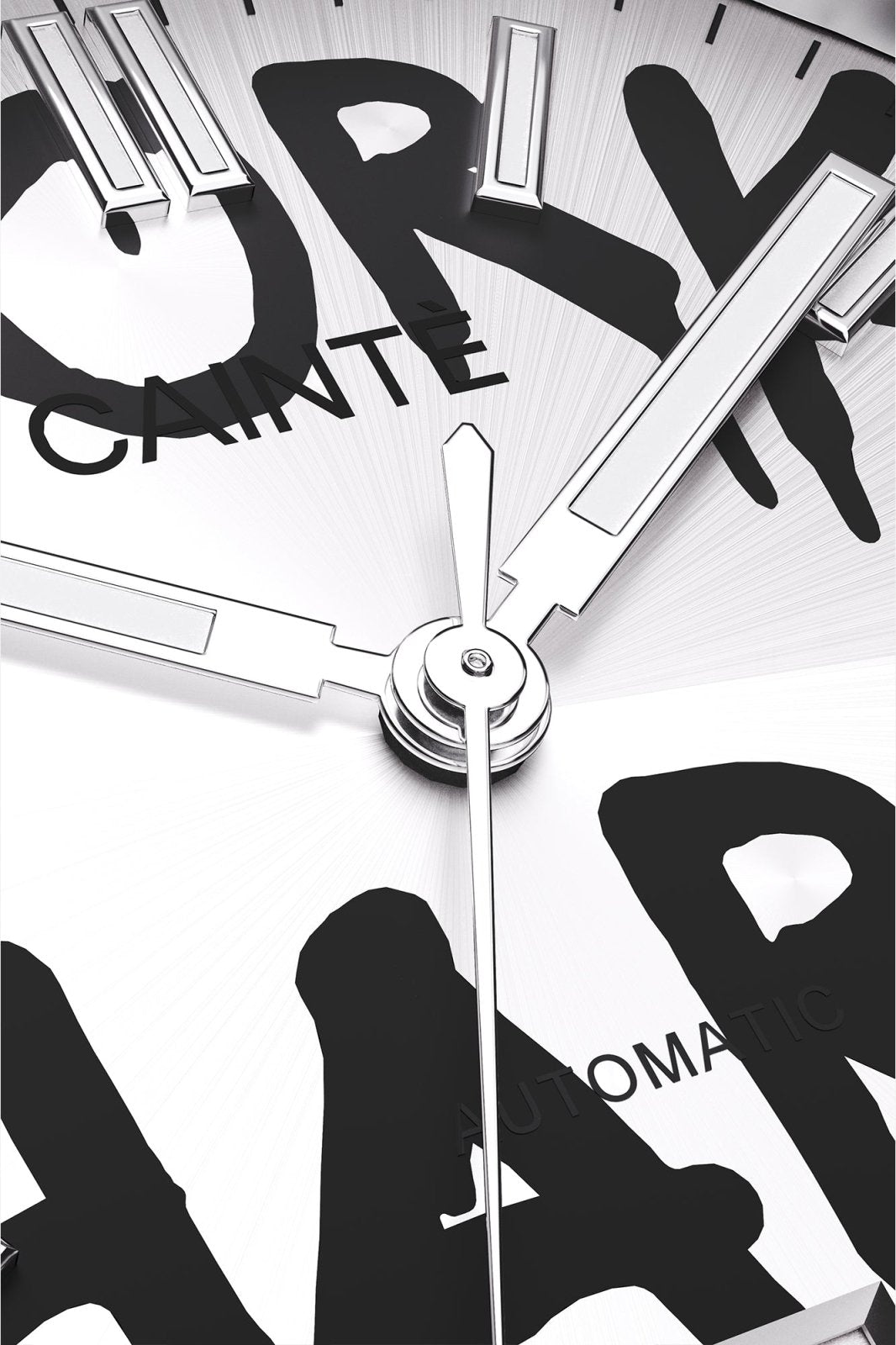 Macro view of the white dial with black graffiti lettering and polished hands