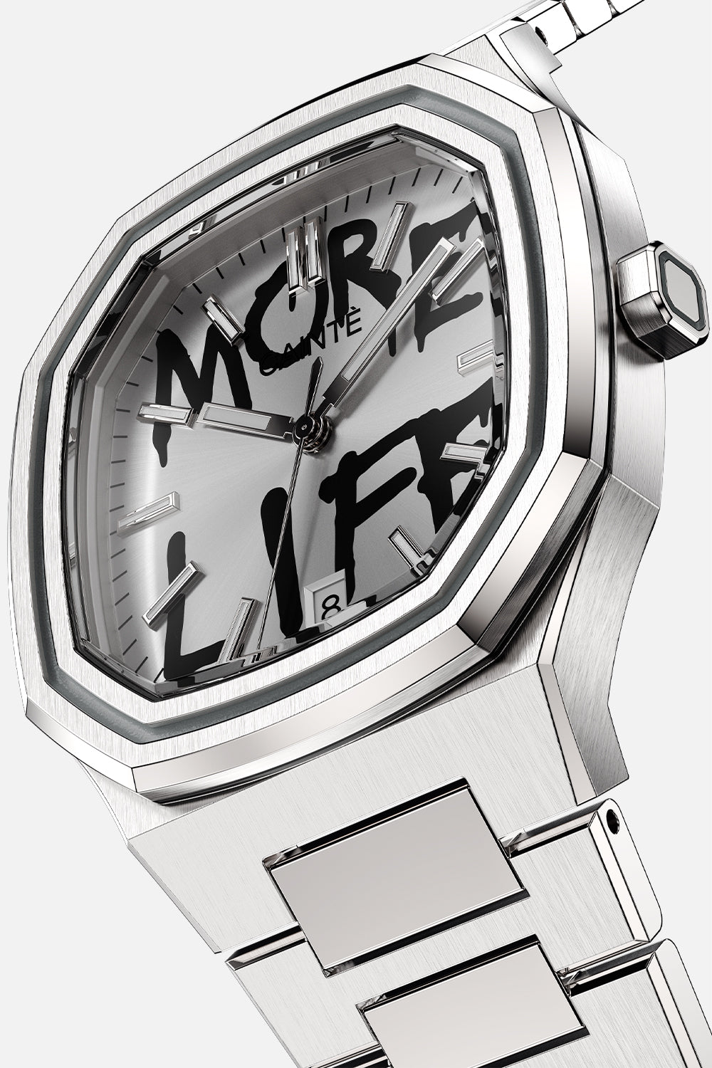 Angled close view of the case and white dial with black graffiti lettering