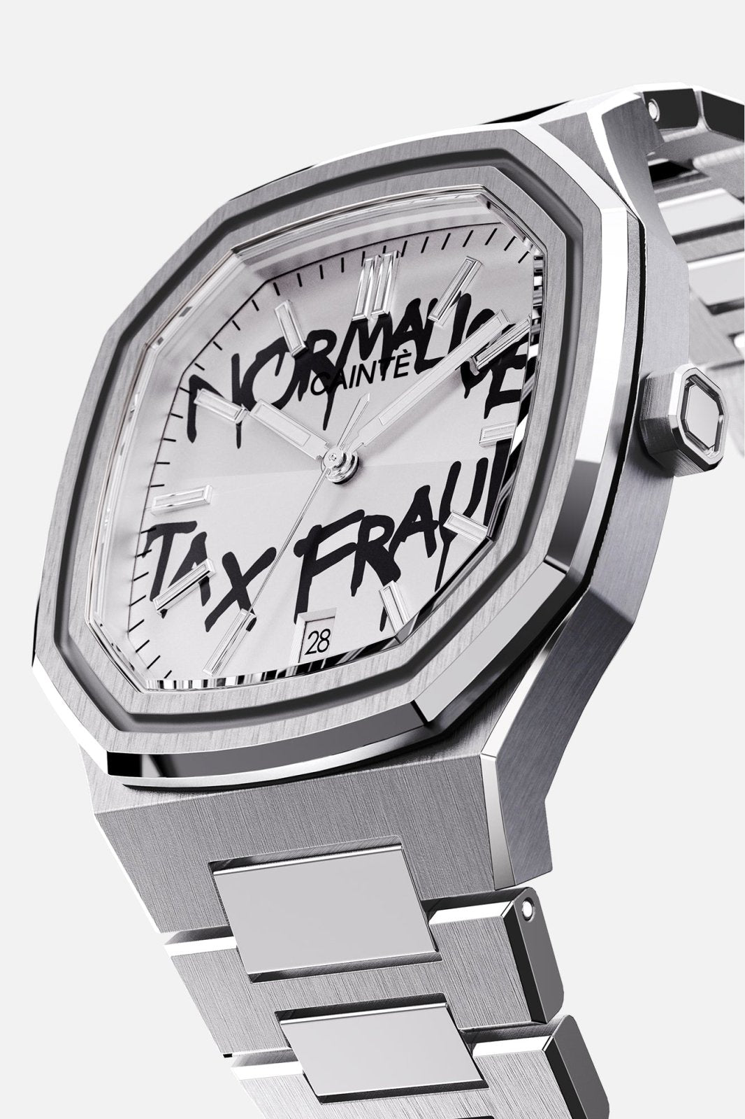 Three-quarter view of the octagonal case and white dial with black graffiti lettering