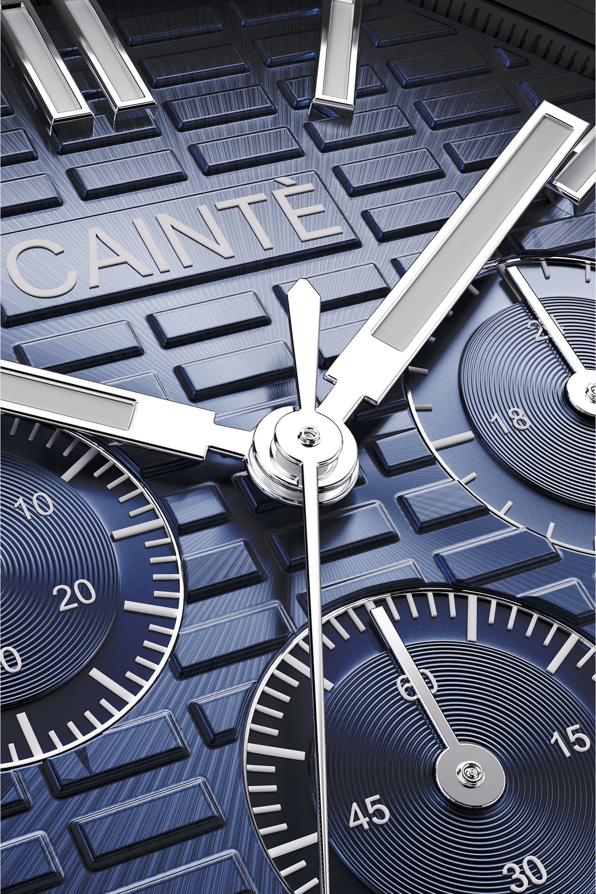 Macro view of the tonal blue chronograph dial and polished hands