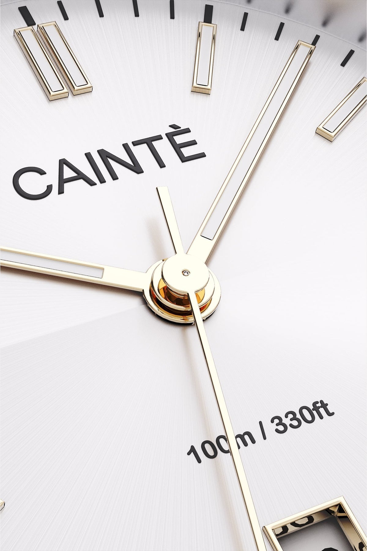 Close-up of the white sunburst dial, baton markers and hands
