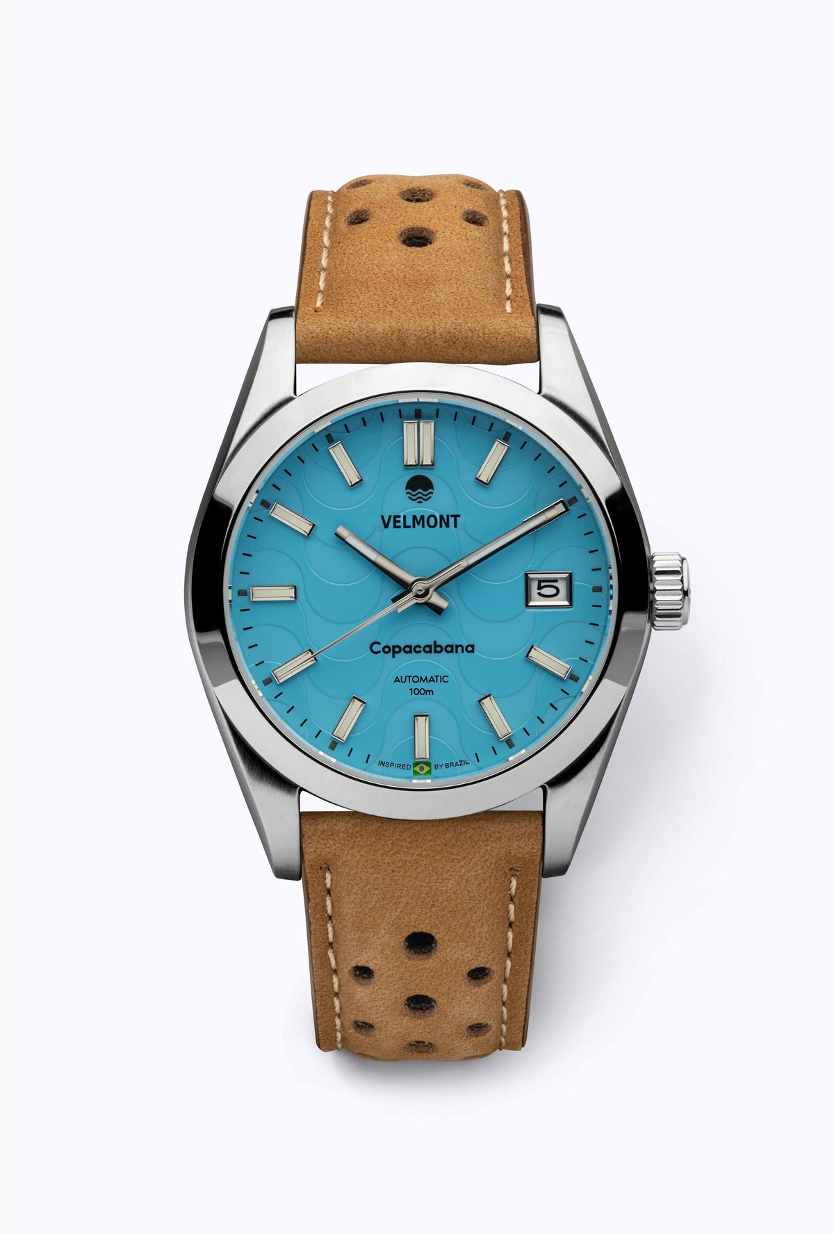 Turquoise dial watch on a tan perforated strap