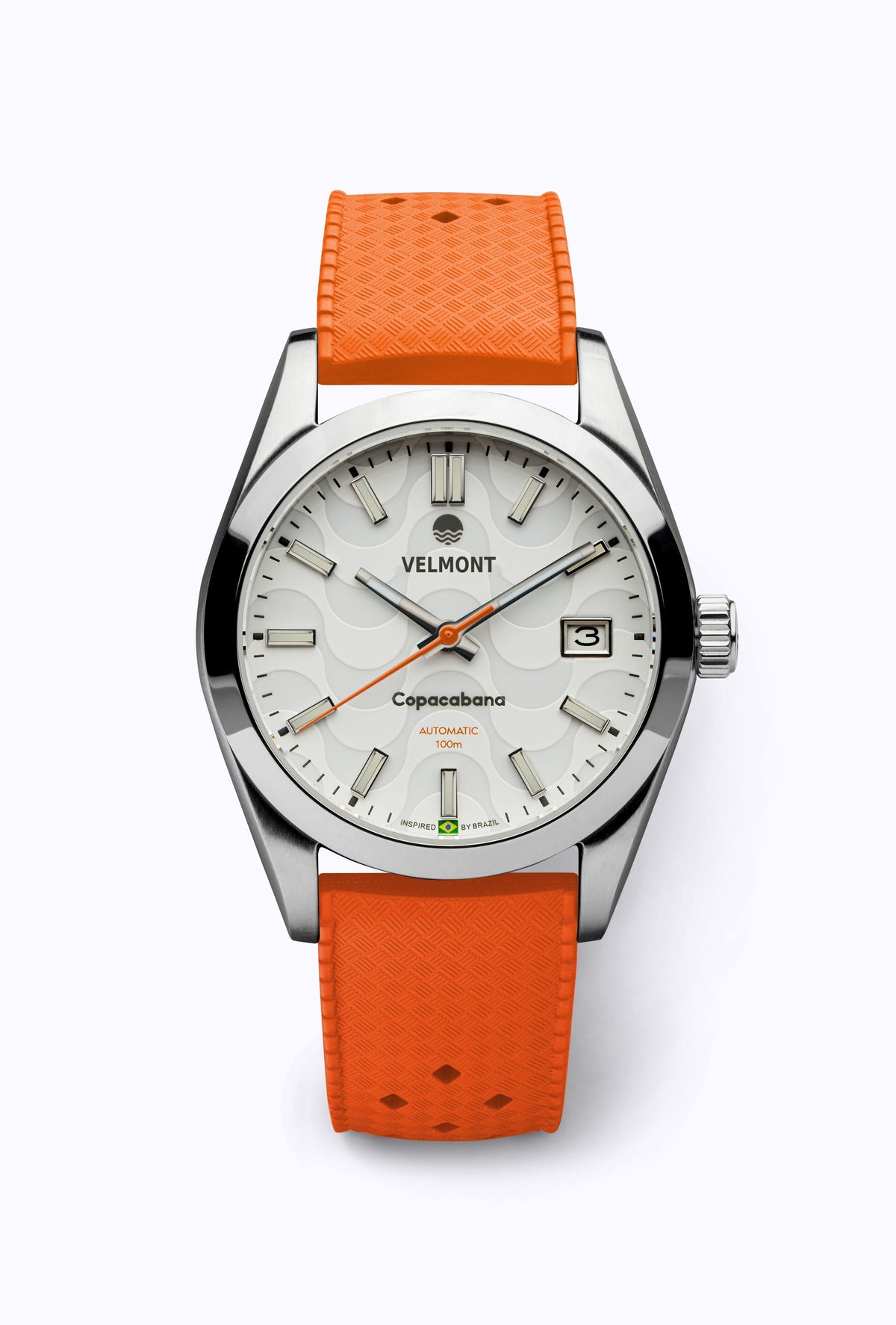 White dial watch on an orange perforated rubber strap