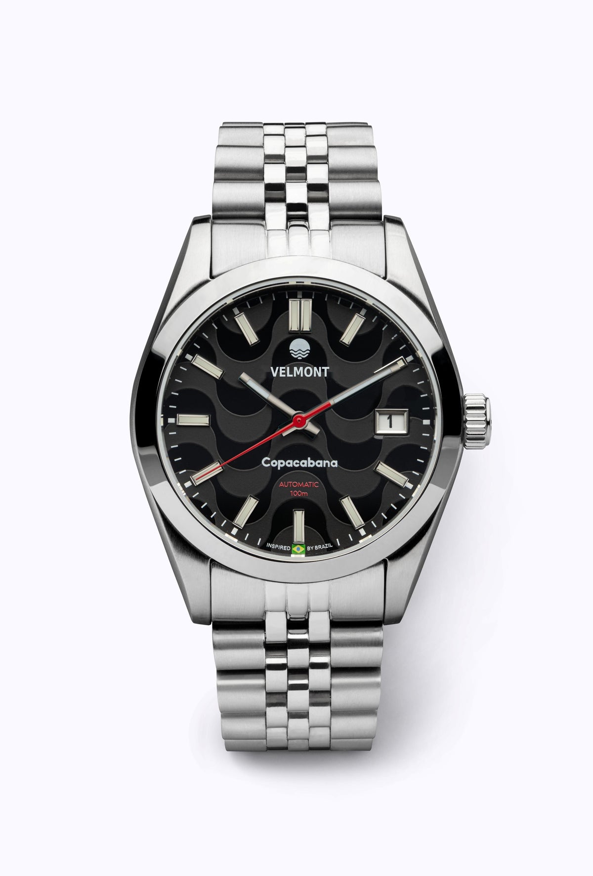 Black wave dial watch on a steel bracelet