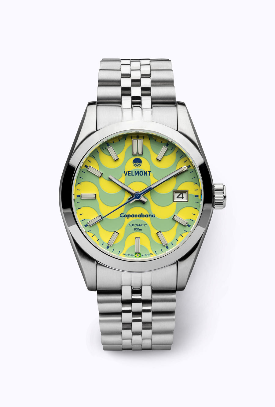 Green and yellow wave dial watch on a steel bracelet