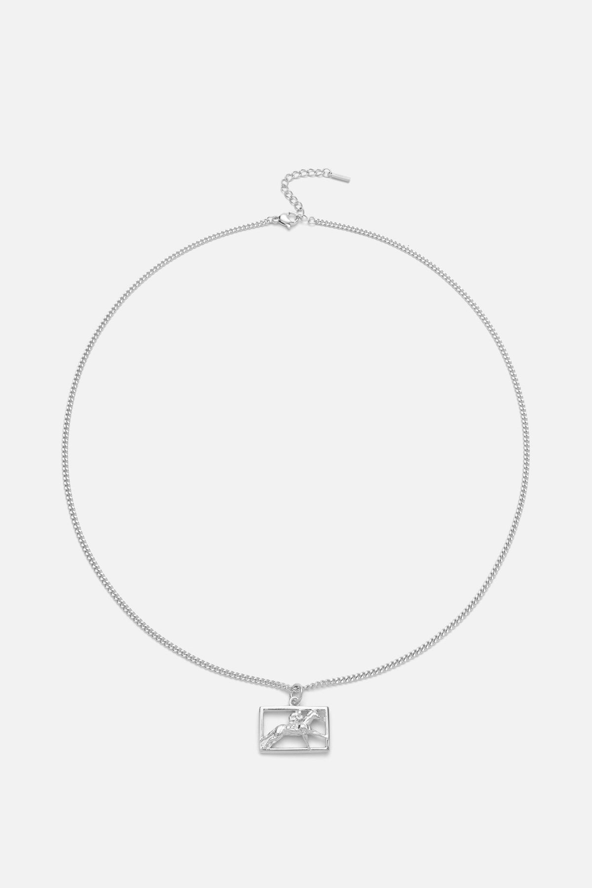 Silver-tone necklace with a rectangular horse and rider plaque, view 3 of 8