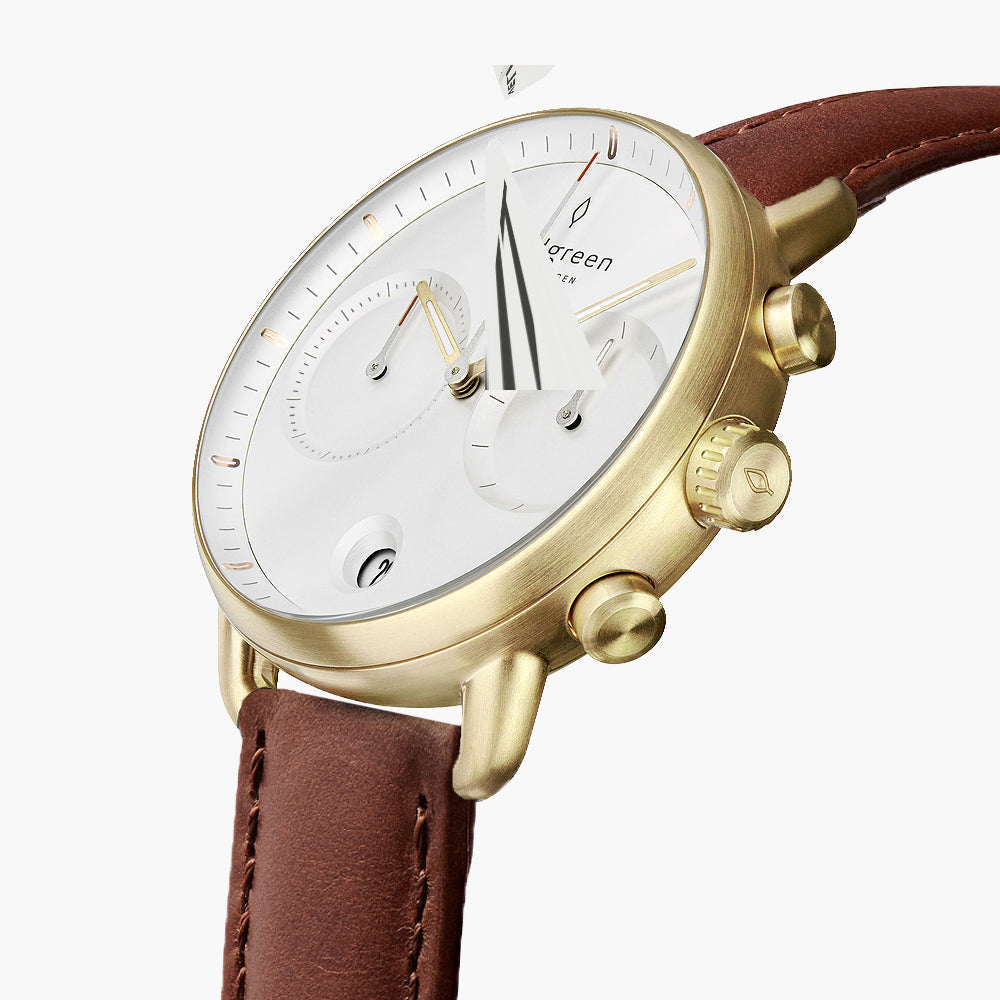 Angled view of the white dial, two subdials and gold-tone pushers.