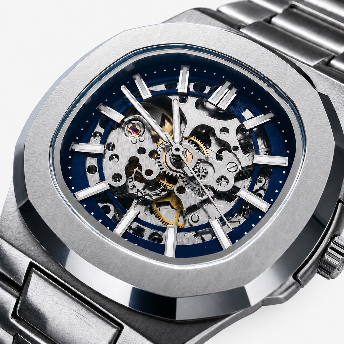 Close-up of the blue skeleton dial