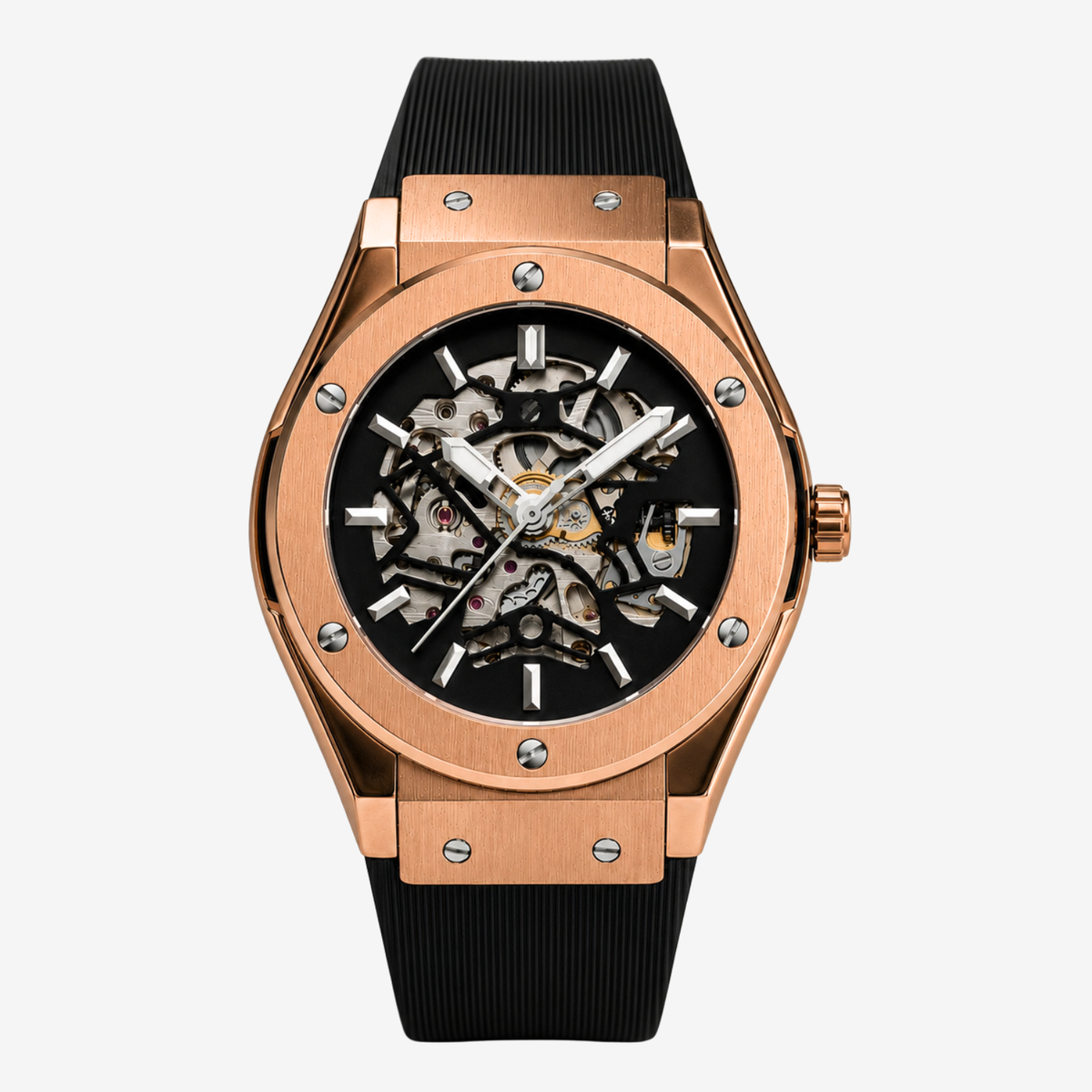 Rose gold-tone skeleton watch on a black rubber strap