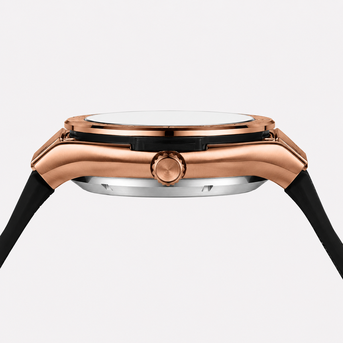Side profile of the rose gold-tone case