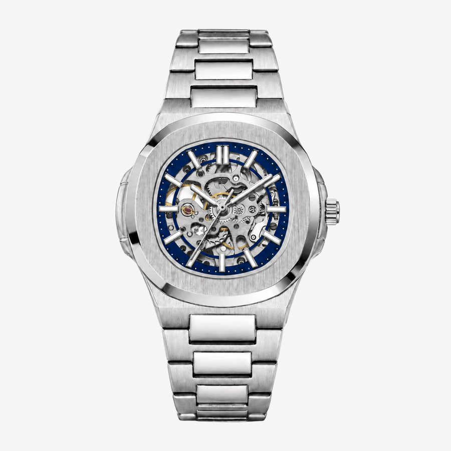 Steel watch with blue skeleton dial on a steel bracelet