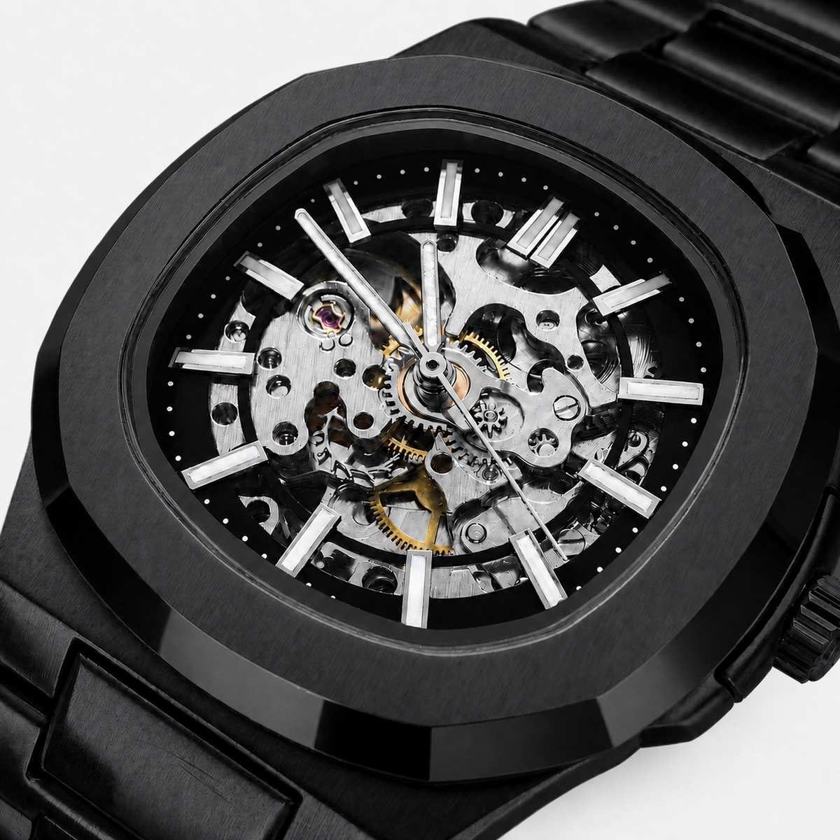 Close-up of the black skeleton dial