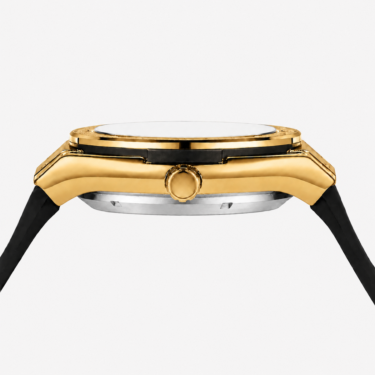Side profile of the gold-tone case