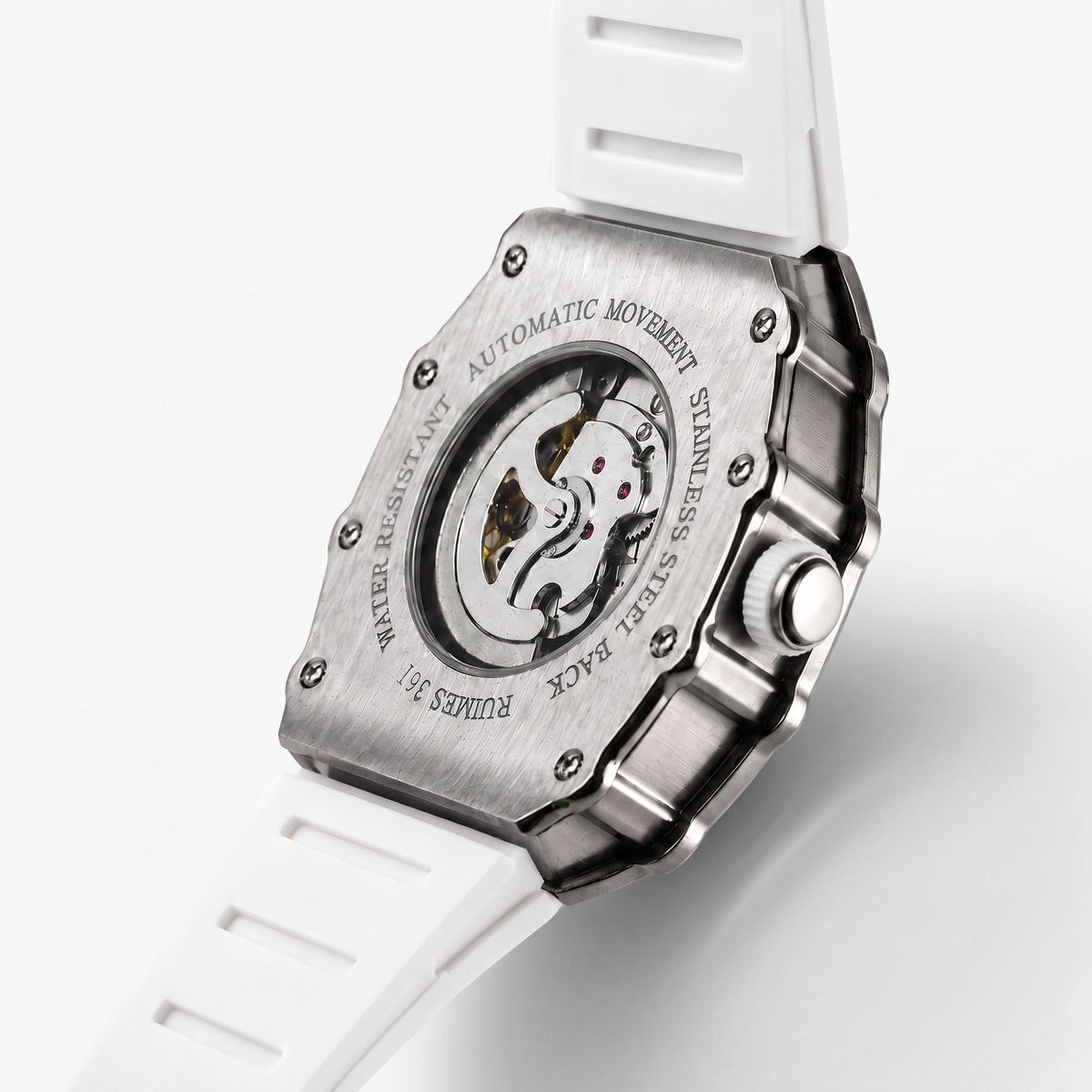 Display case back of the skeleton watch showing the automatic rotor